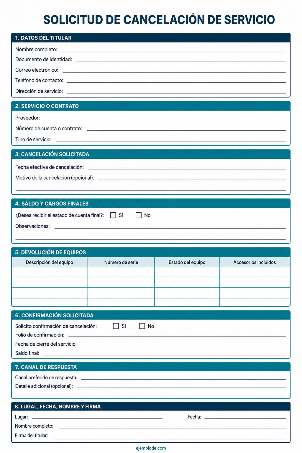 Formato vacío de cancelación de servicio con contrato, fecha efectiva, equipos, saldo, folio y firma