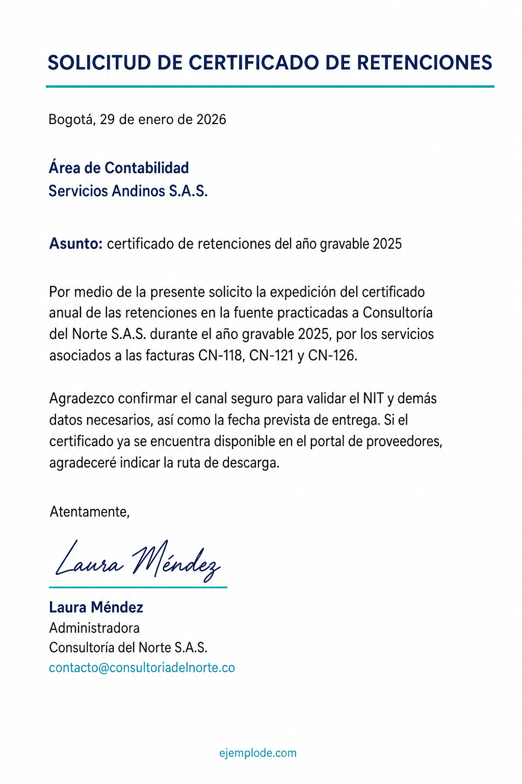 Carta completa de solicitud de certificado anual de retenciones en Colombia