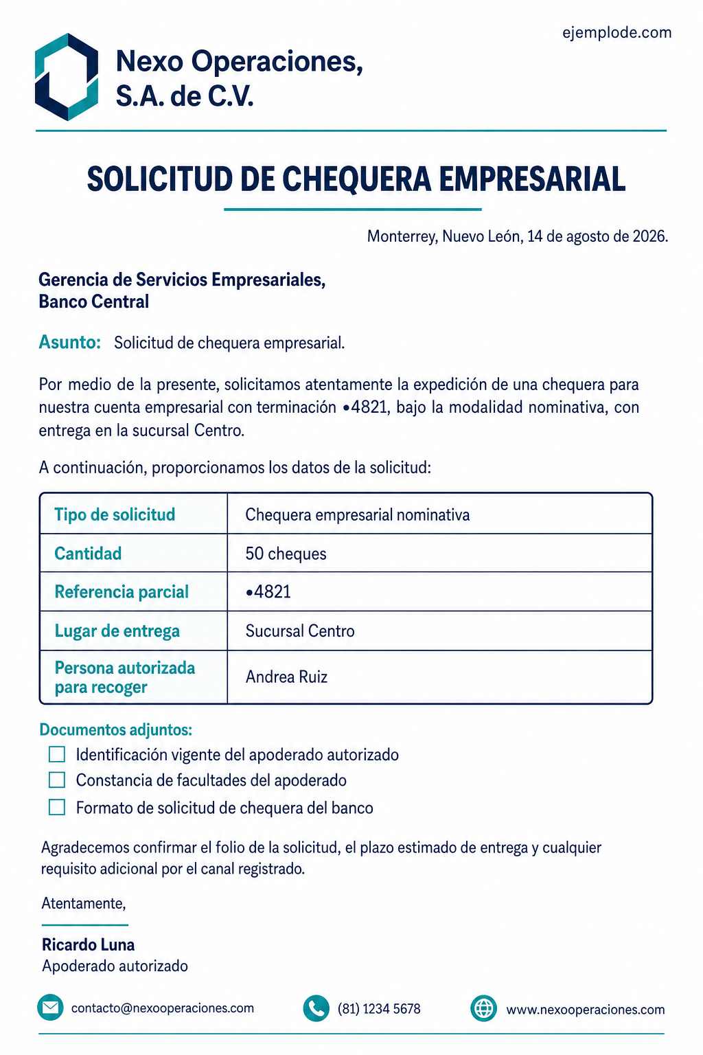 Carta completa para solicitar una chequera empresarial con cuenta enmascarada y entrega en sucursal