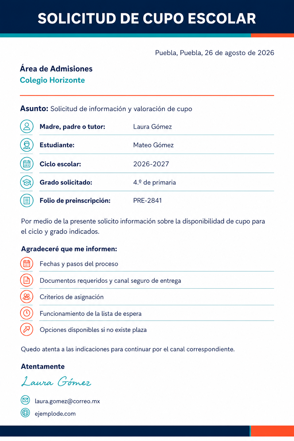 Solicitud completa de cupo escolar con ciclo, grado, folio y preguntas sobre el proceso