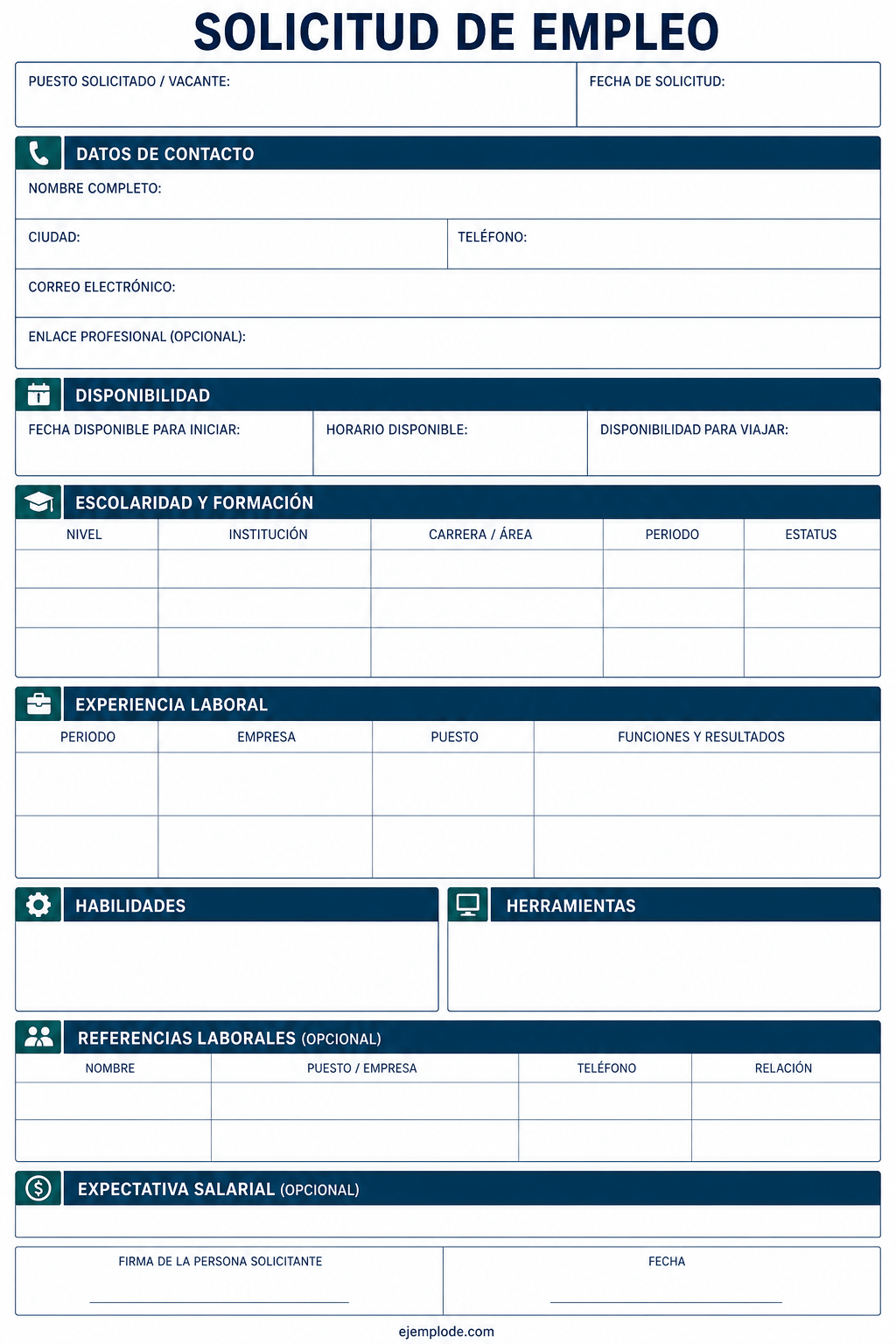 Formulario de empleo vacío centrado en experiencia, formación y disponibilidad