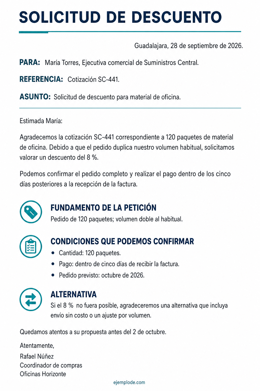 Carta completa para solicitar descuento por volumen con cotización, porcentaje, condiciones y alternativa
