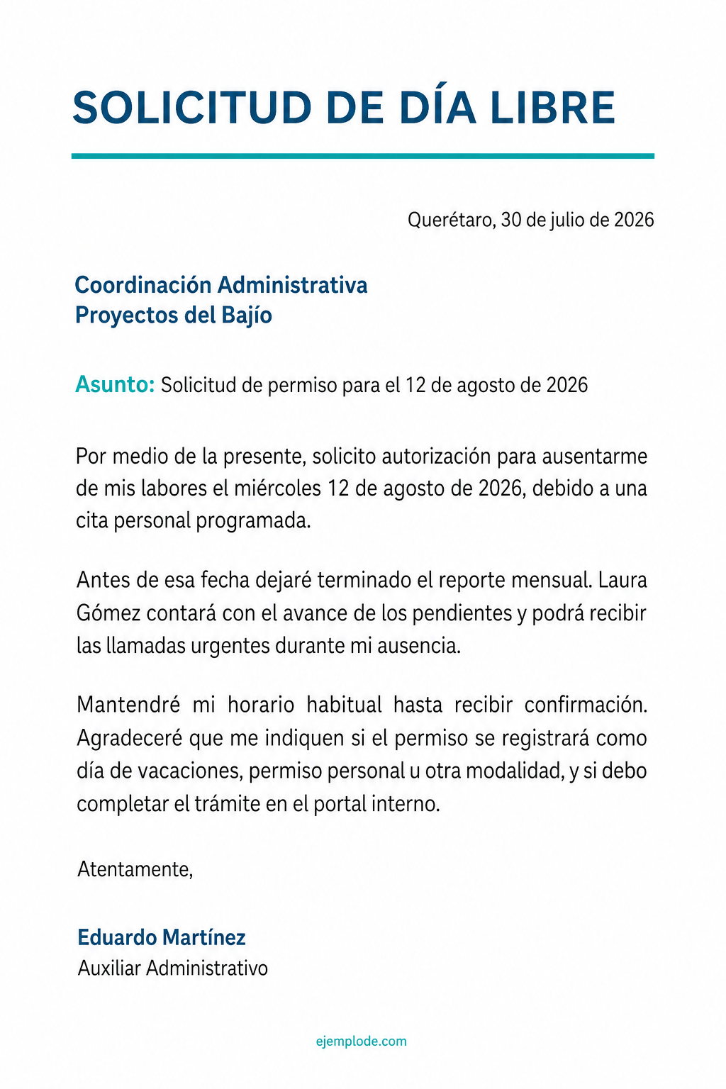 Carta completa para solicitar un día libre con fecha, motivo general y cobertura de tareas