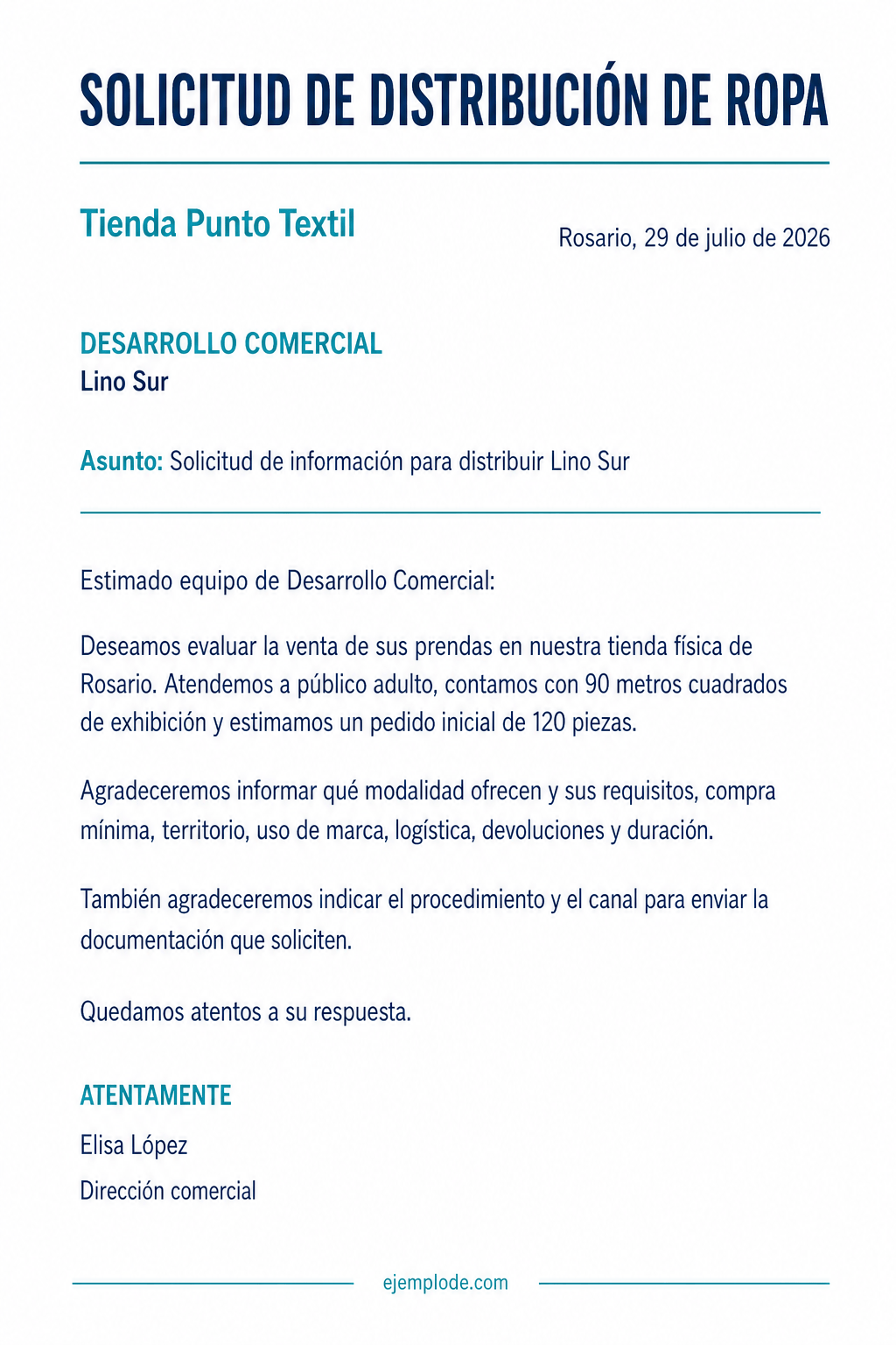 Carta completa para solicitar información de distribución a una marca de ropa