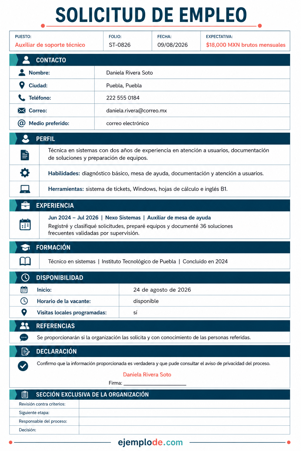 Solicitud de empleo llena con contacto, perfil, experiencia, formación y disponibilidad; evaluación empresarial vacía