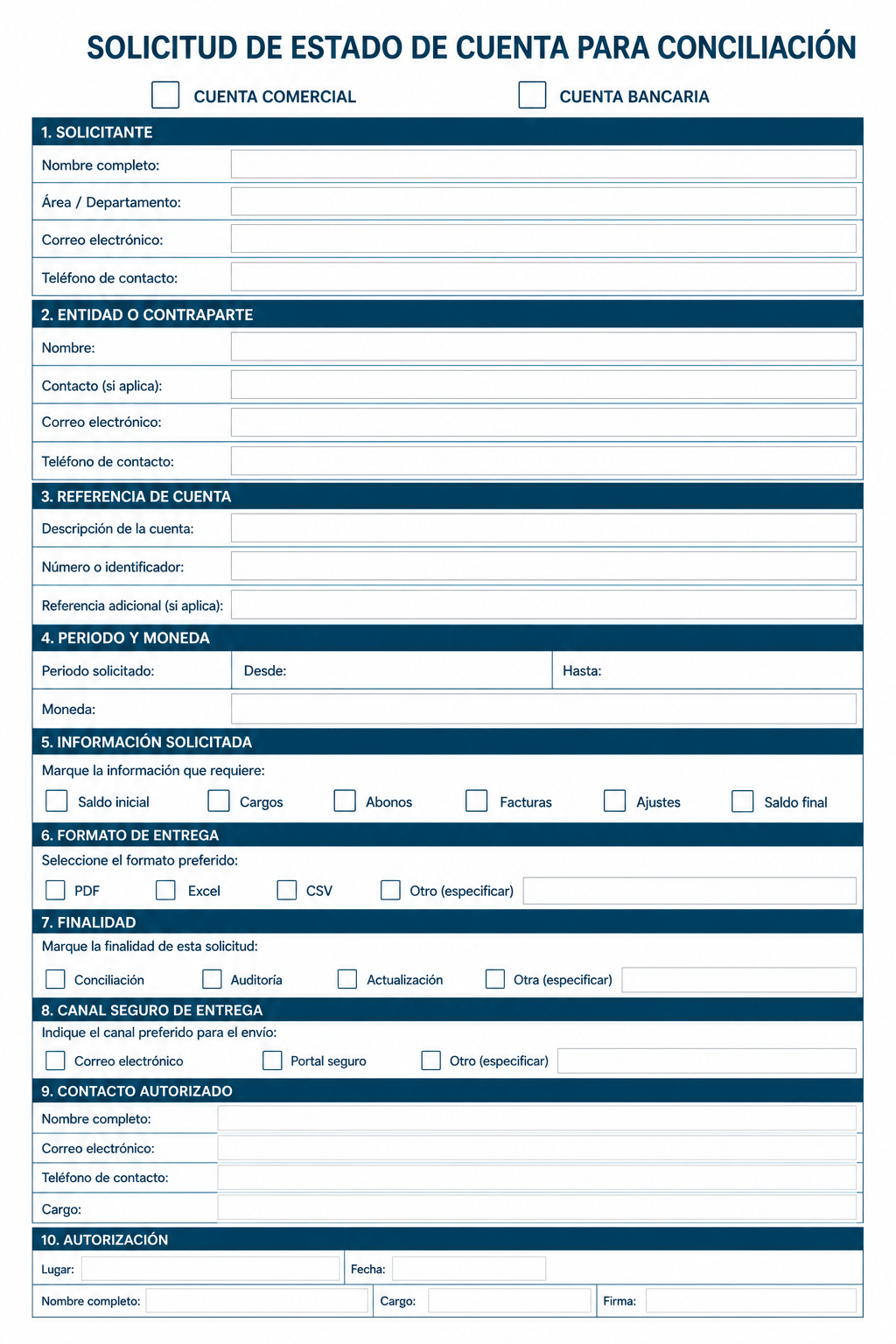 Formato vacío para solicitar un estado de cuenta con periodo, movimientos y canal de entrega