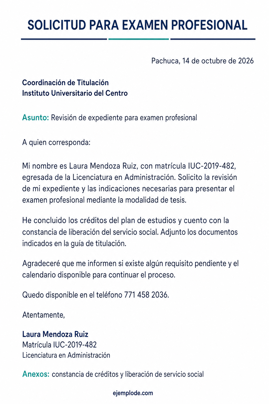 Carta completa para revisión de expediente de examen profesional con modalidad y anexos