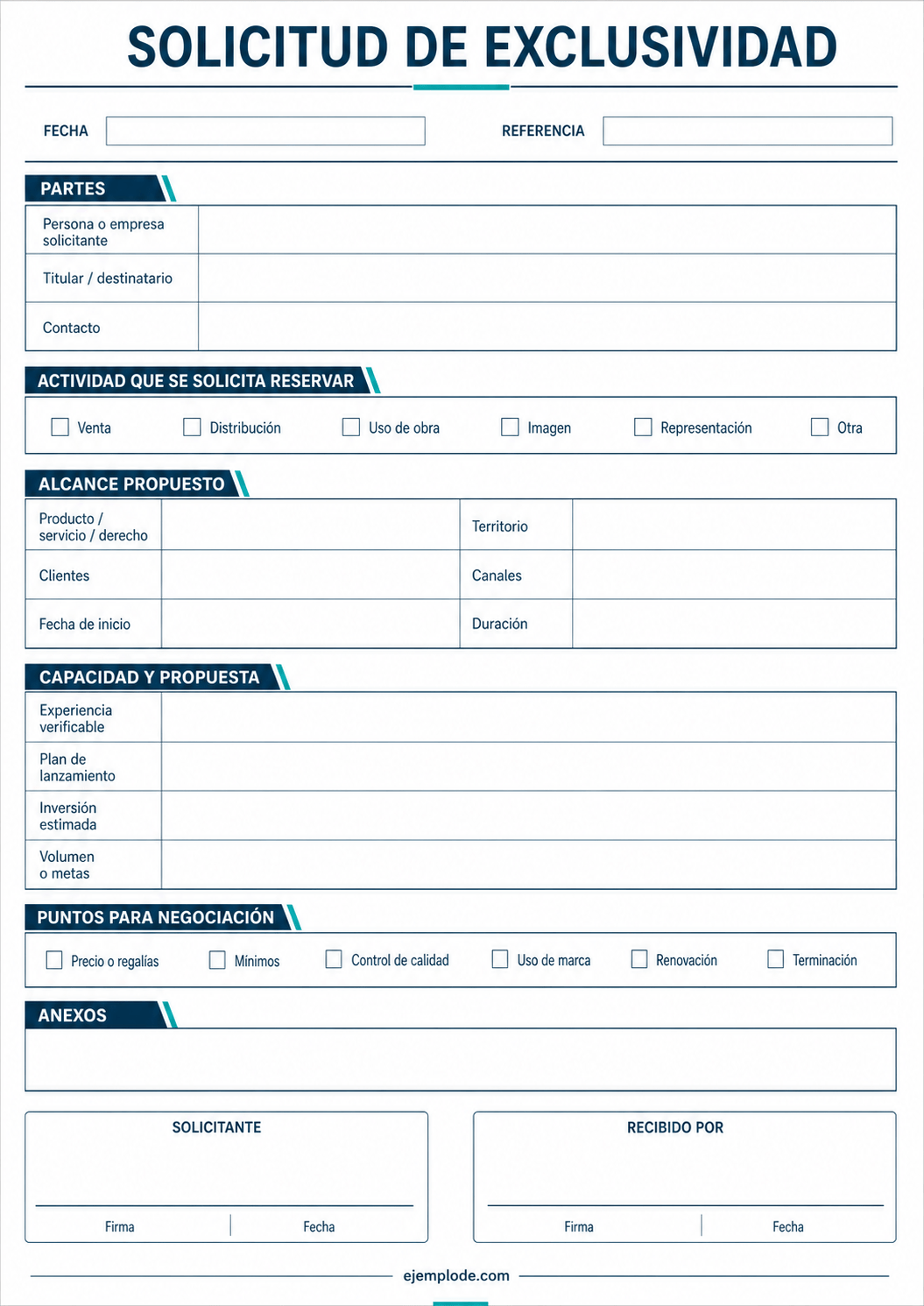 Solicitud vacía de exclusividad con actividad, alcance, capacidad y puntos de negociación