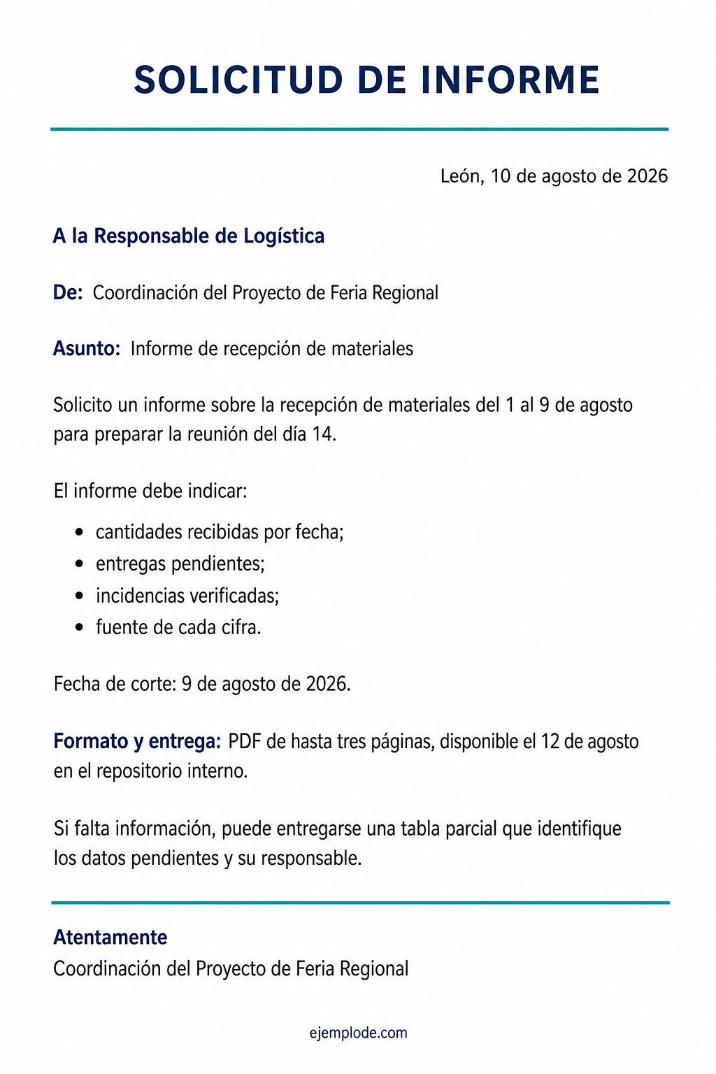 Solicitud completa de un informe sobre recepción de materiales