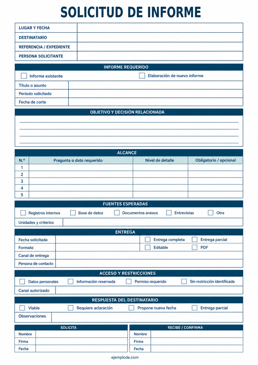 Formato vacío de solicitud de informe con alcance, fuentes, entrega y restricciones