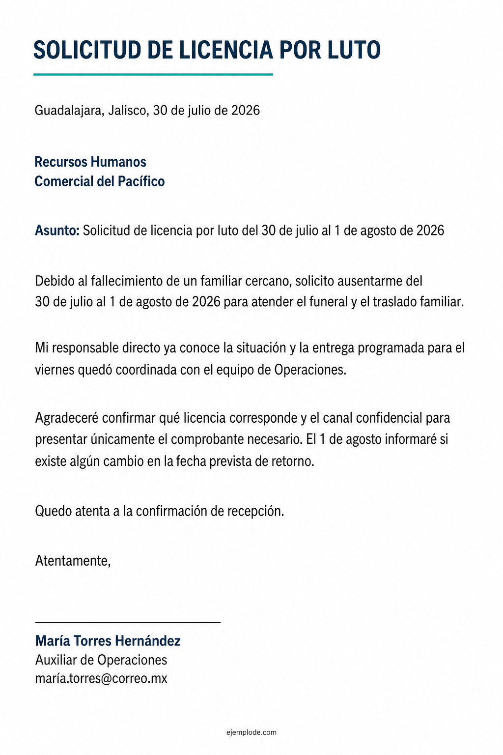 Carta completa de solicitud de licencia por luto
