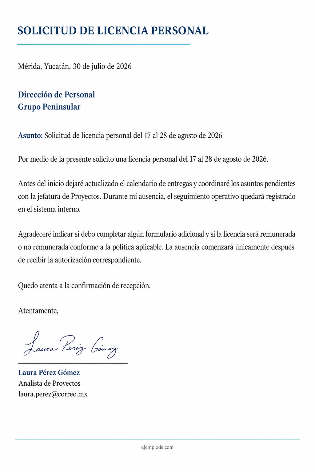 Carta completa de solicitud de licencia personal