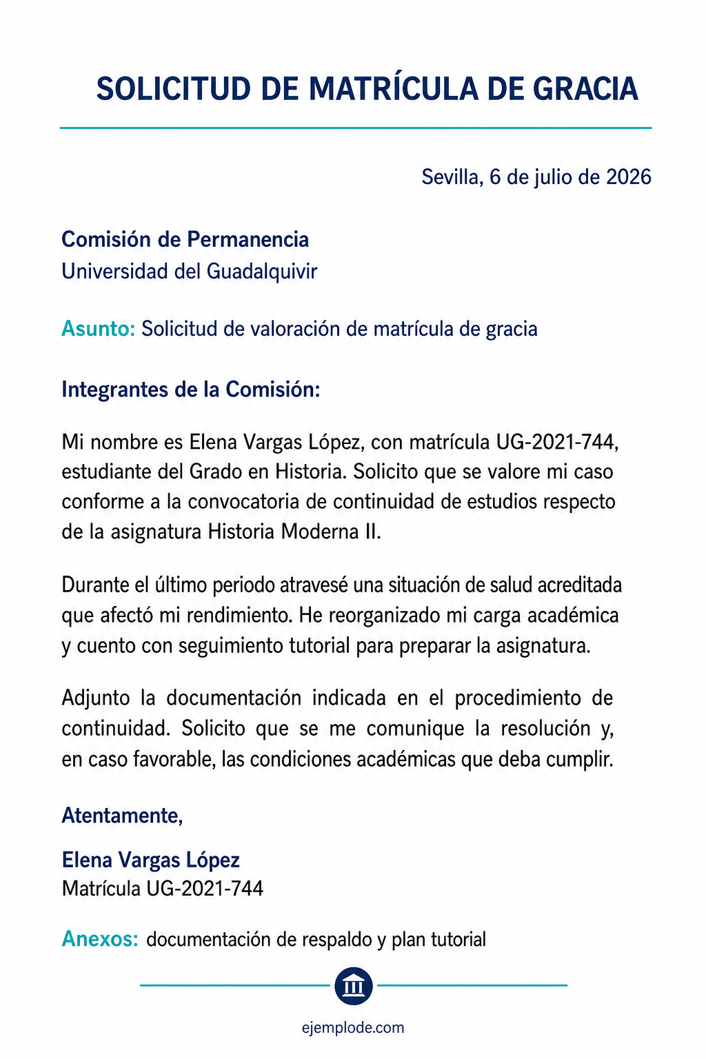 Carta completa de solicitud de matrícula de gracia con asignatura, causa y plan tutorial