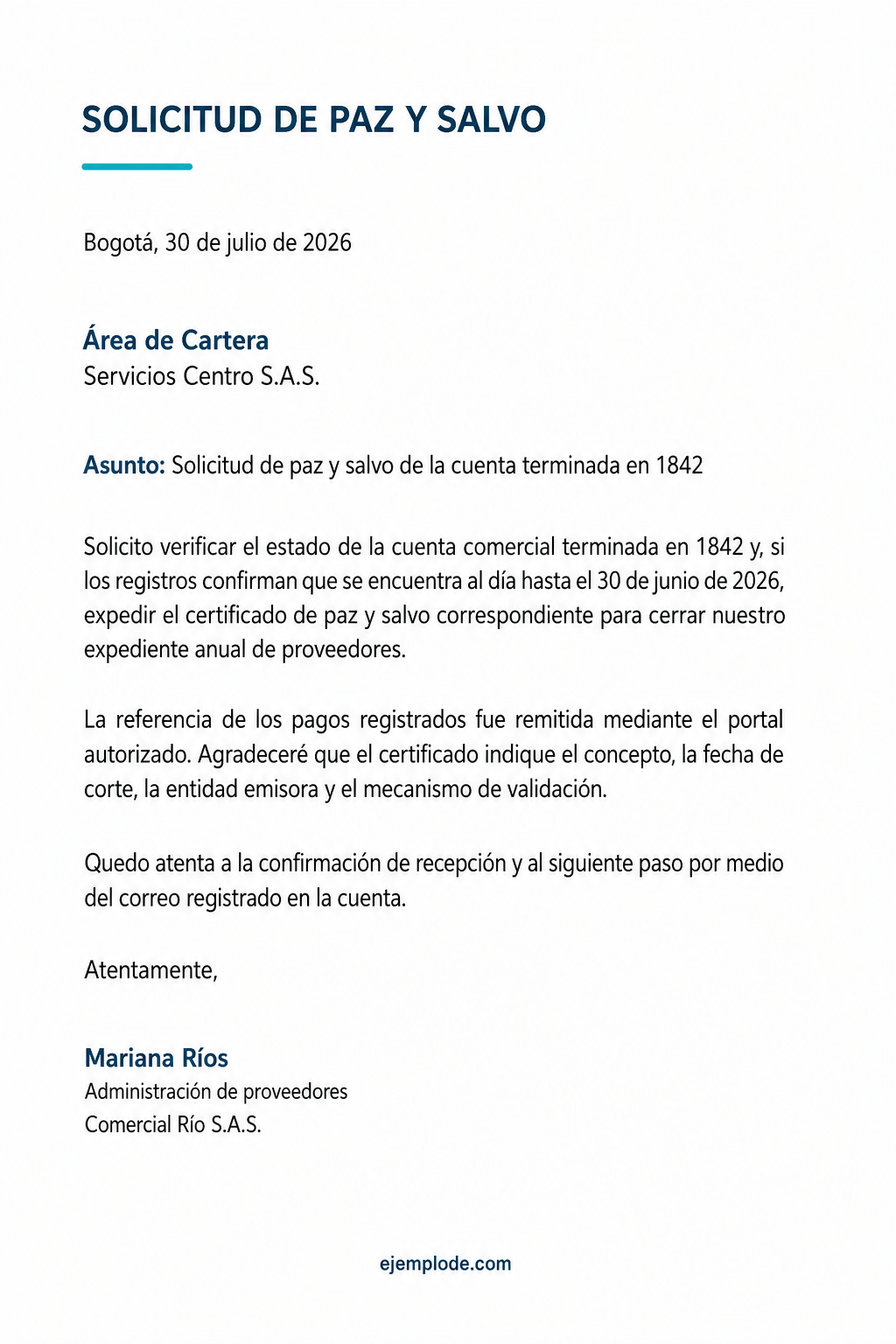 Carta completa de solicitud de paz y salvo