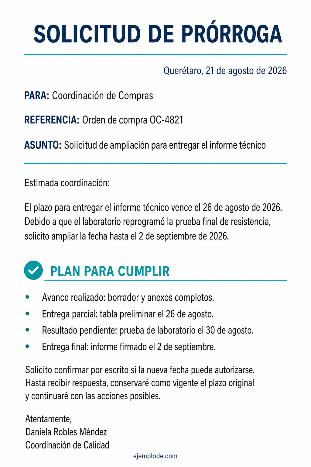 Carta completa que solicita una prórroga para un informe técnico
