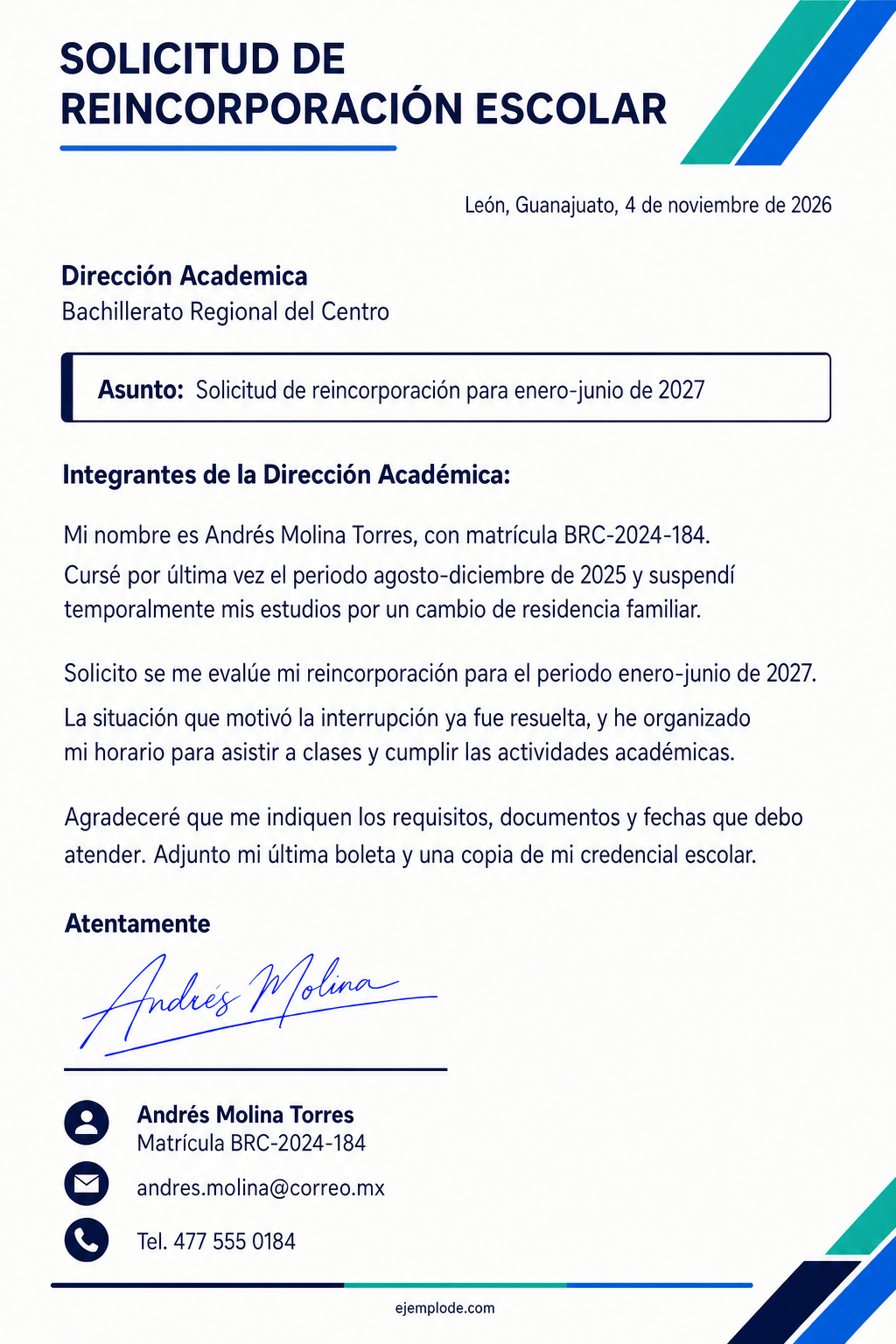 Carta completa de reincorporación de un estudiante de bachillerato después de una interrupción