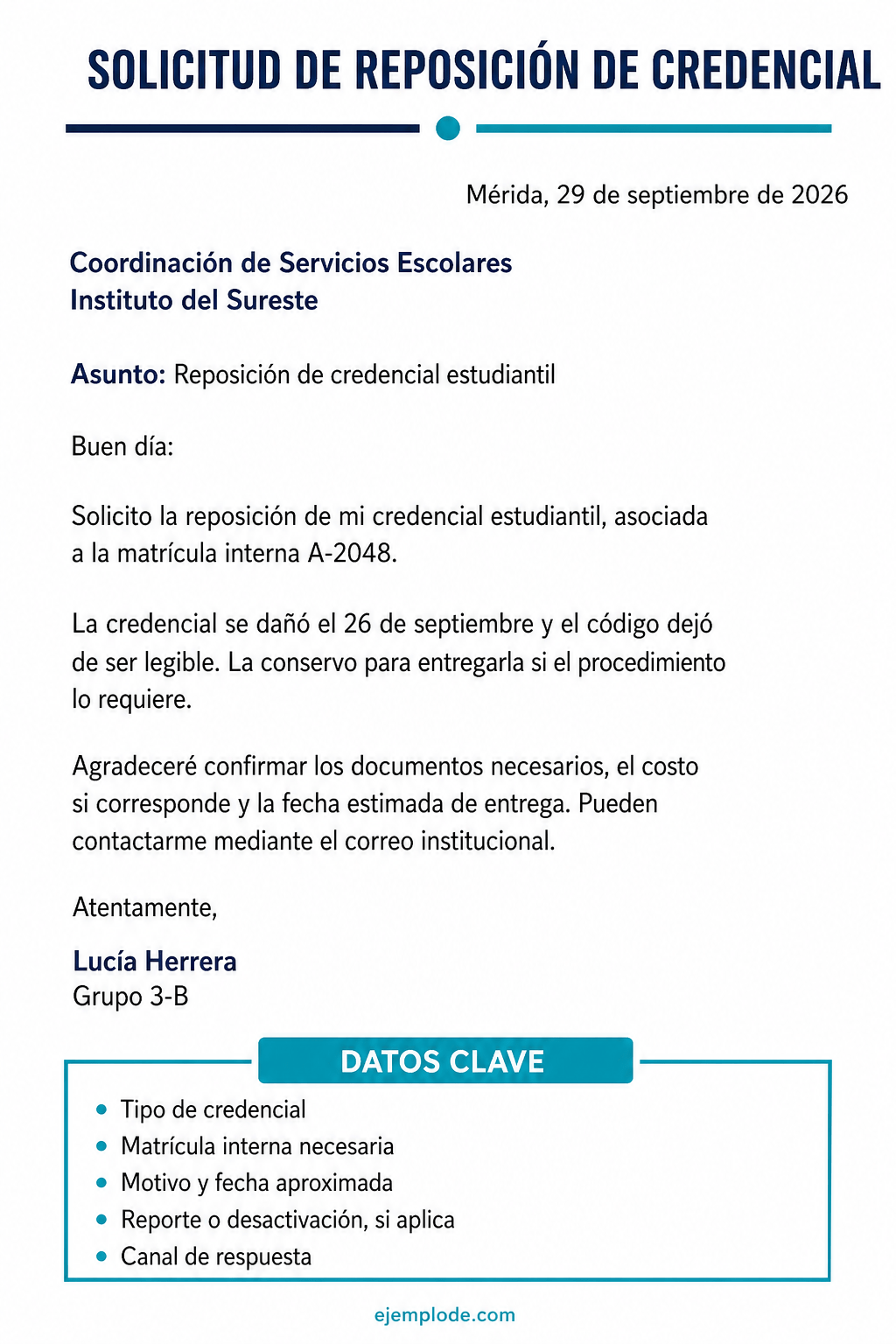 Carta completa de reposición de credencial estudiantil por deterioro