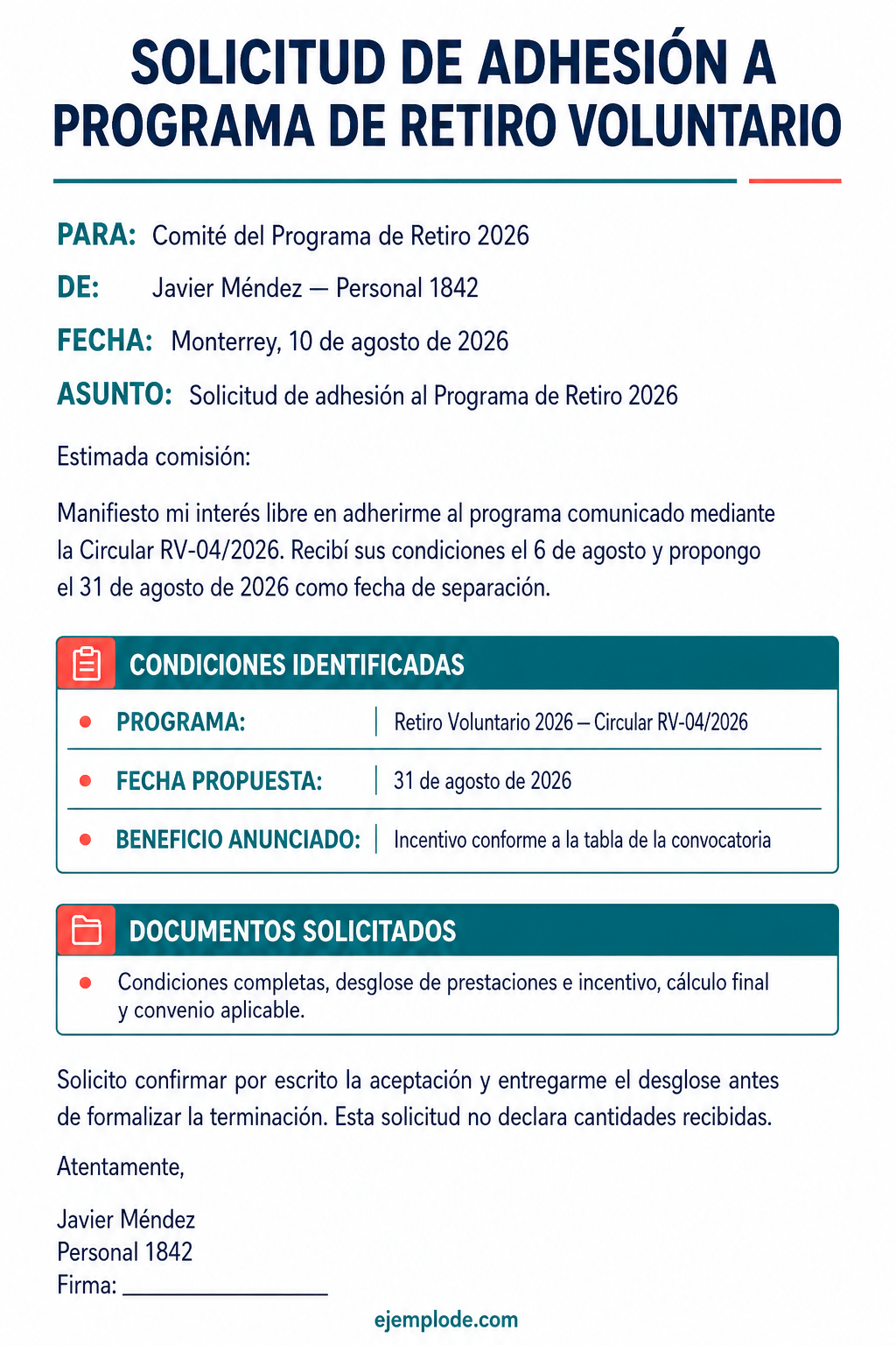 Solicitud completa de adhesión a un programa de retiro voluntario con convocatoria, fechas y documentos