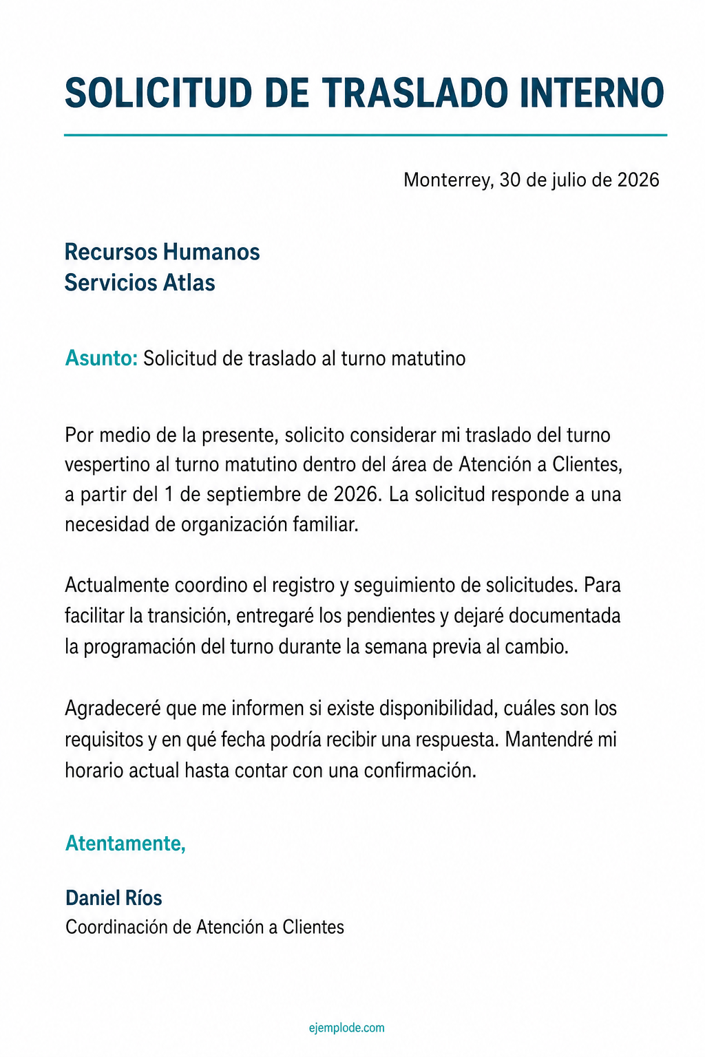 Carta completa para solicitar un traslado del turno vespertino al matutino dentro de la misma área