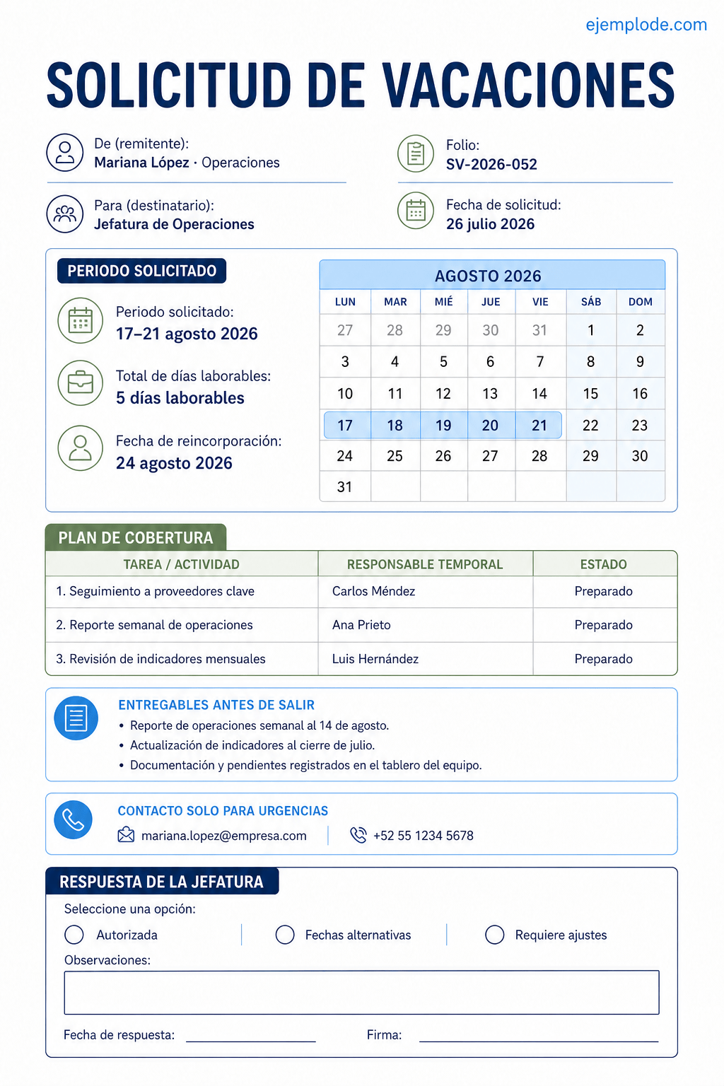 Solicitud de vacaciones completa con fechas, regreso, cobertura de pendientes y respuesta de la empresa