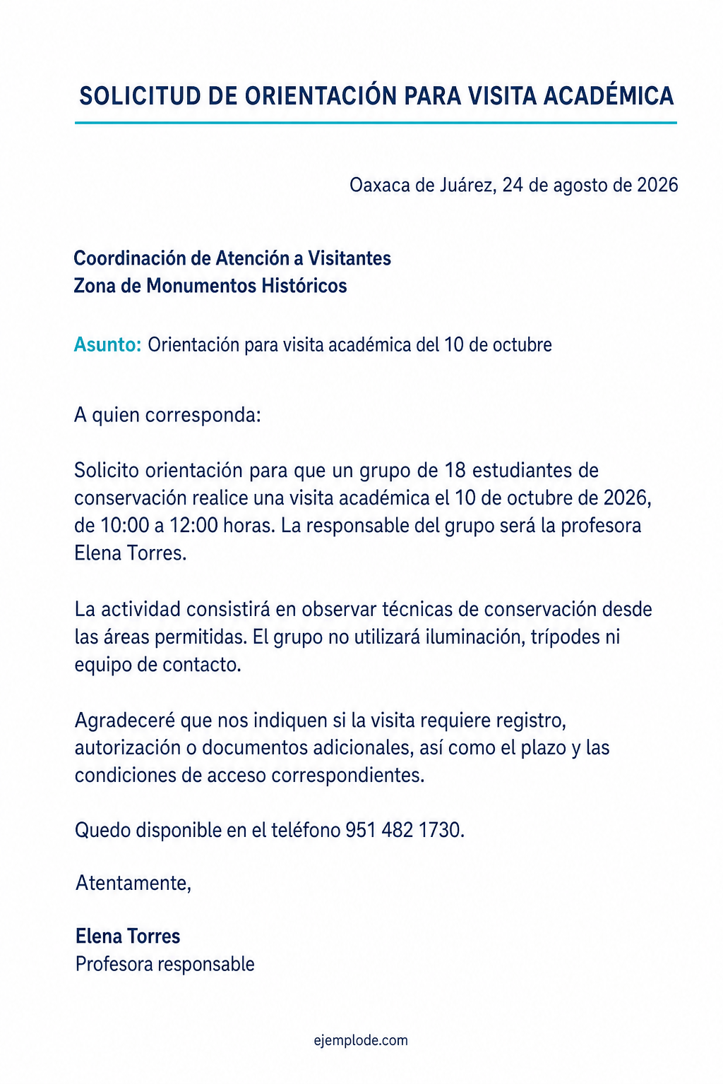Carta completa de orientación para visita académica a un monumento con grupo, fecha, actividad y contacto