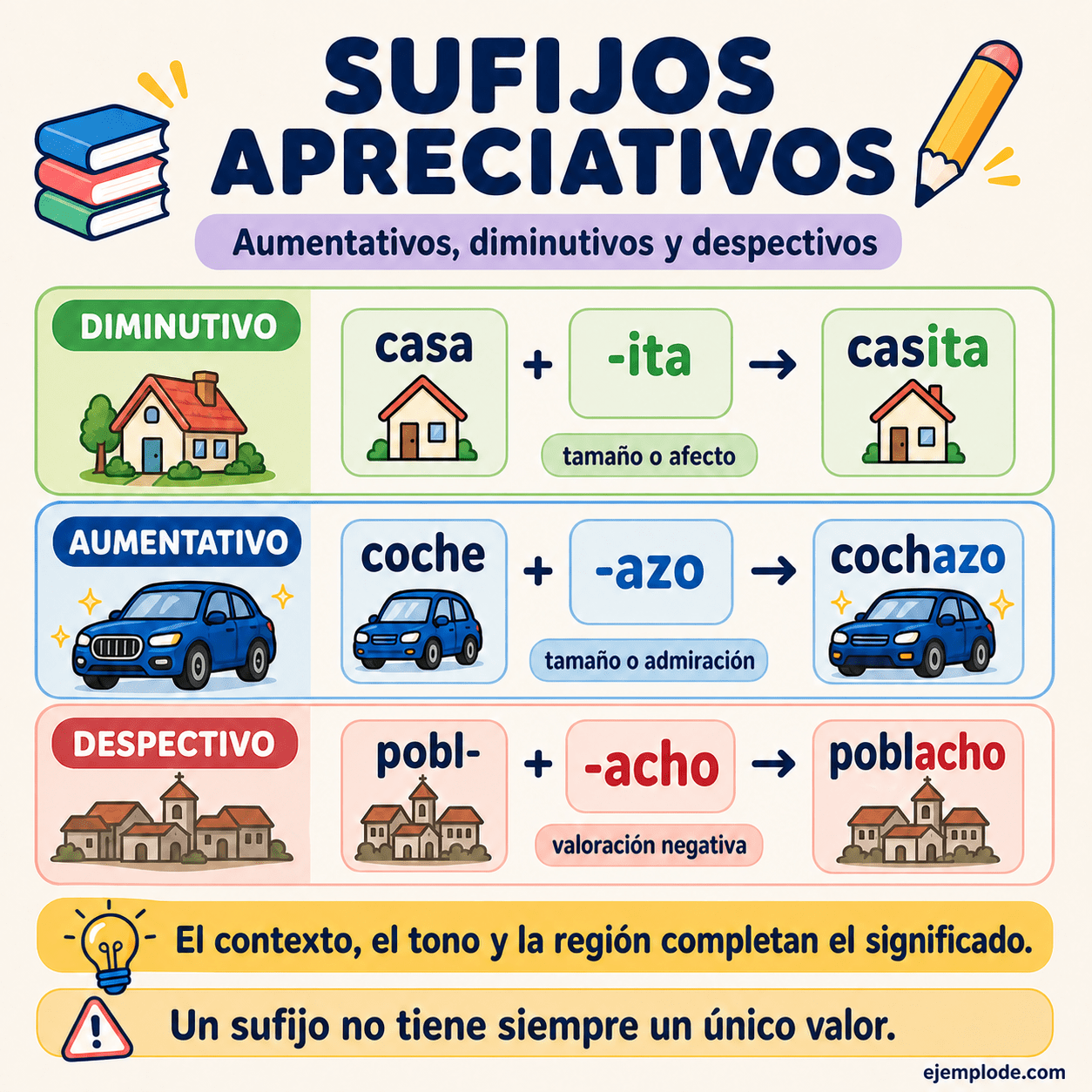 Infografía educativa sobre Palabras con sufijos aumentativos, diminutivos y despectivos con ejemplos y claves de reconocimiento