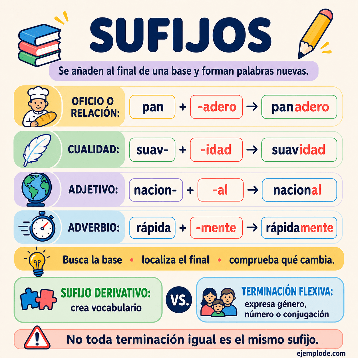 Infografía educativa sobre Sufijos con ejemplos y claves de reconocimiento