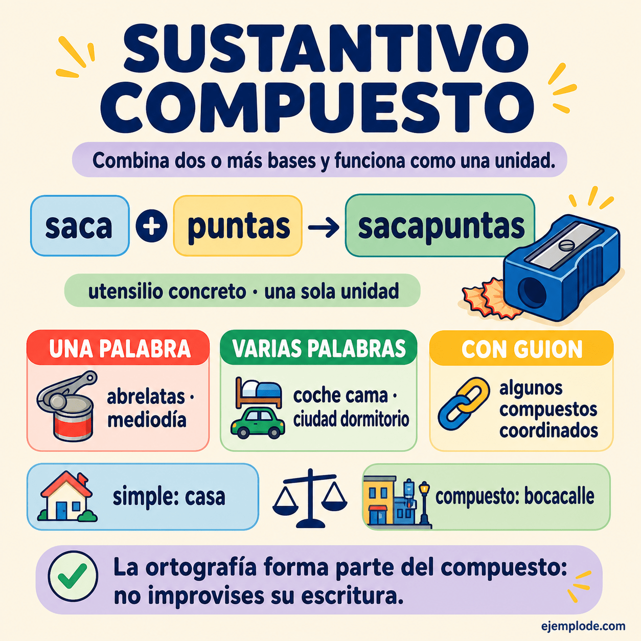 Infografía educativa sobre Sustantivo compuesto con ejemplos y claves de reconocimiento
