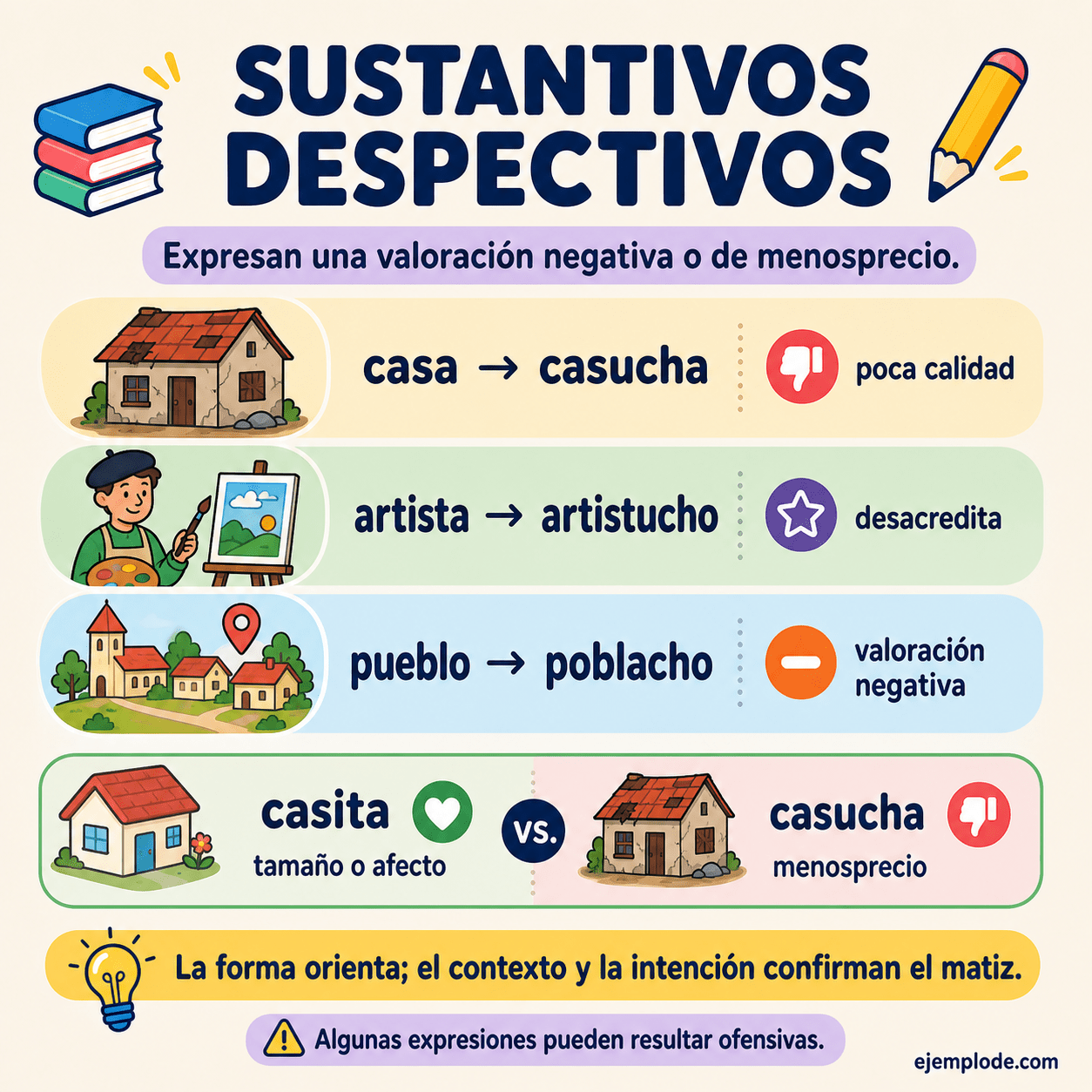 Infografía educativa sobre Sustantivos despectivos con ejemplos y claves de reconocimiento