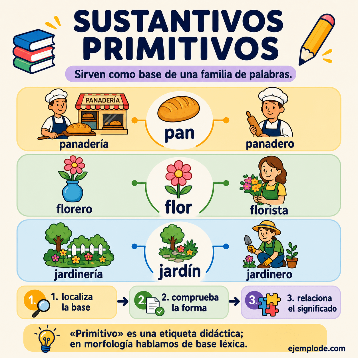 Infografía educativa sobre Sustantivos primitivos con ejemplos y claves de reconocimiento