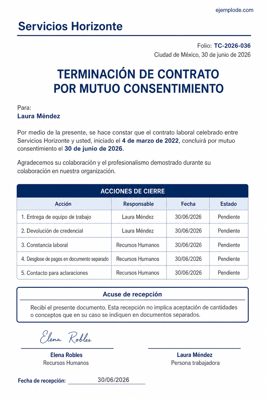 Carta completa de terminación laboral por mutuo consentimiento con acciones de cierre