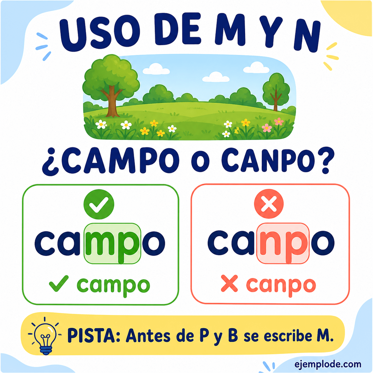 Explicación visual de Uso de la m y n con un ejemplo didáctico