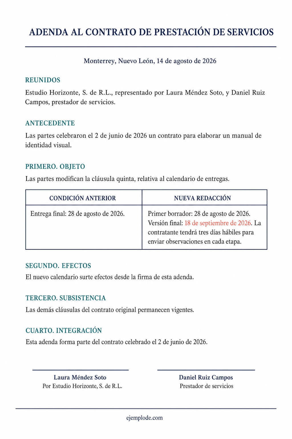 Adenda: calendario anterior, nueva redacción y condiciones que permanecen.