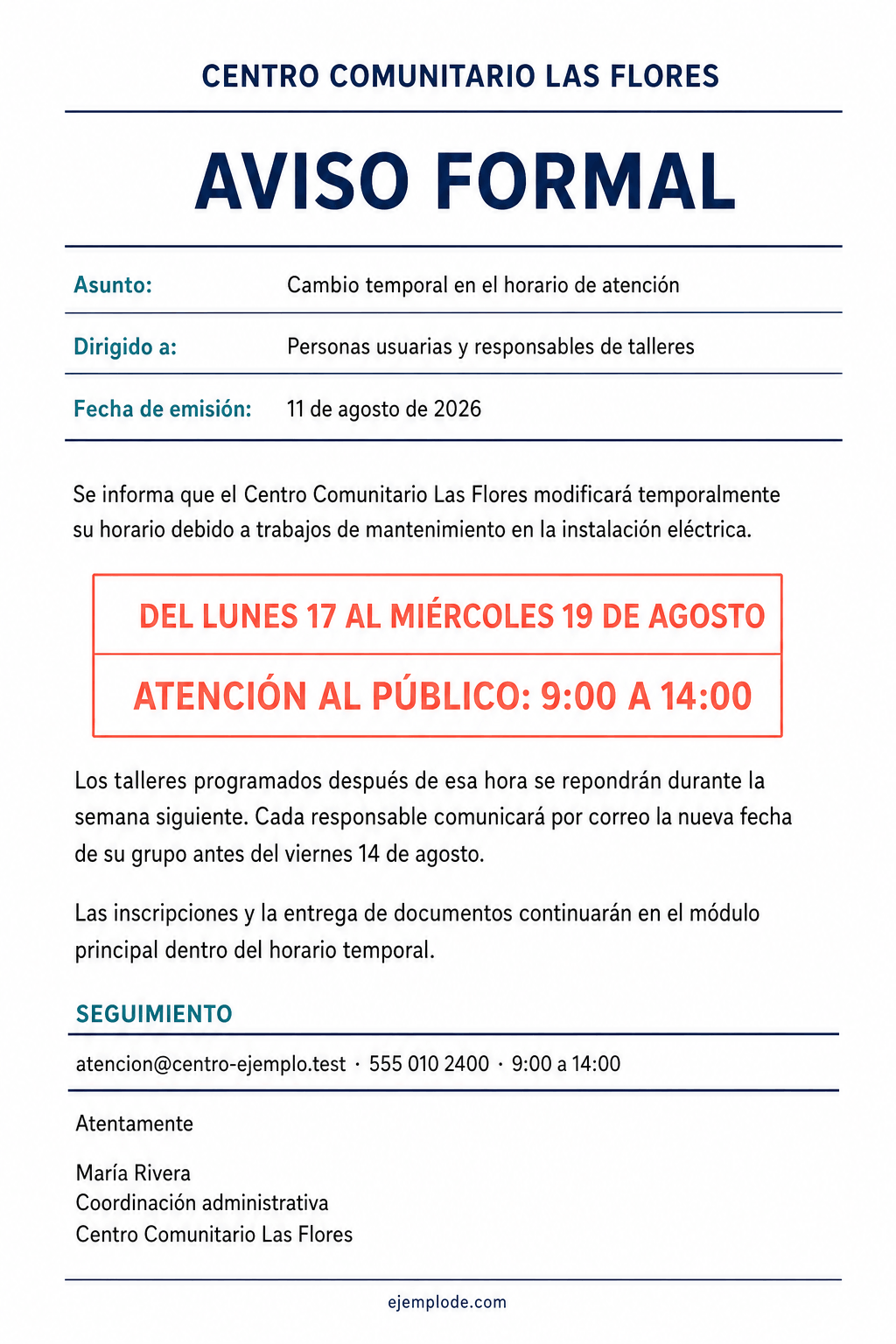 Aviso formal de cambio de horario con destinatarios, vigencia y seguimiento.