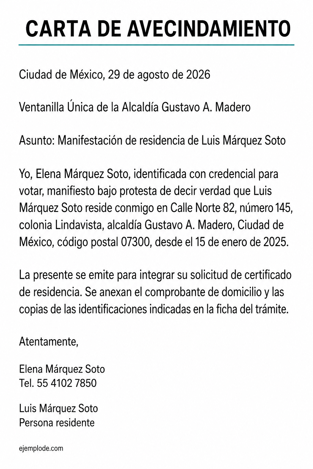 Carta de avecindamiento completa de Elena Márquez para acreditar la residencia de Luis