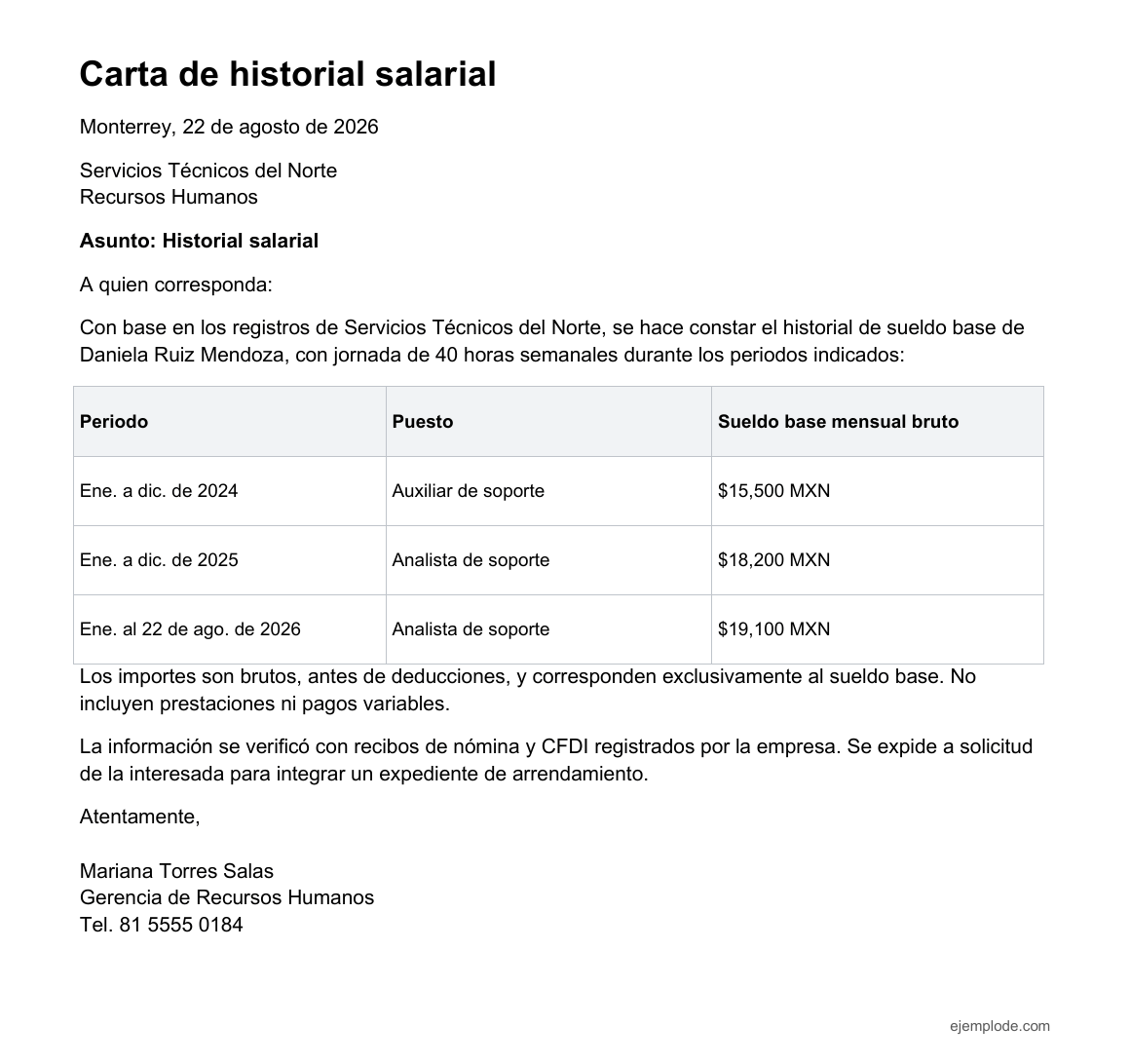 Carta completa de historial salarial de Daniela Ruiz con tres periodos, sueldo base mensual bruto, jornada y firma