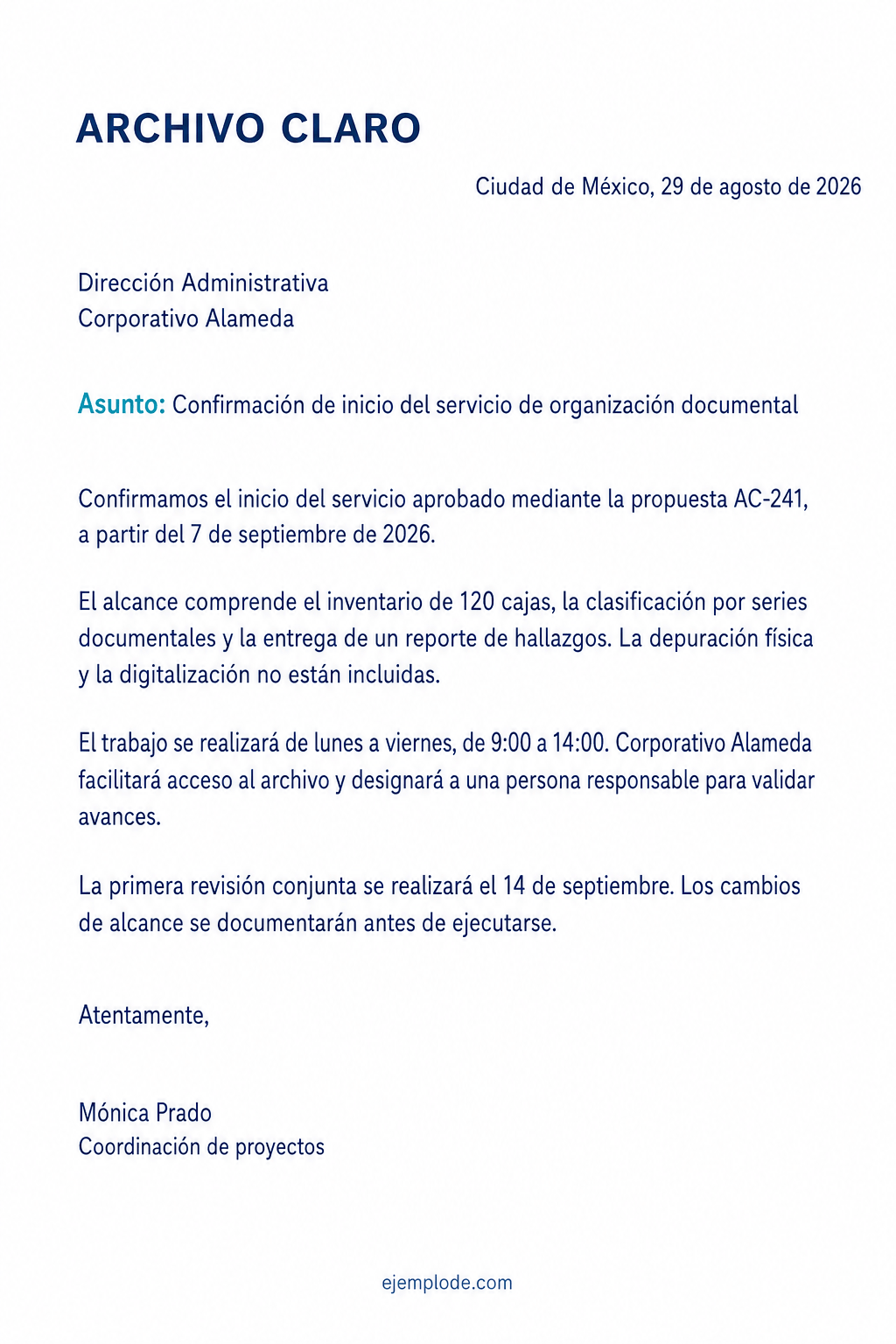 Carta completa que confirma el inicio y alcance de un servicio de organización documental