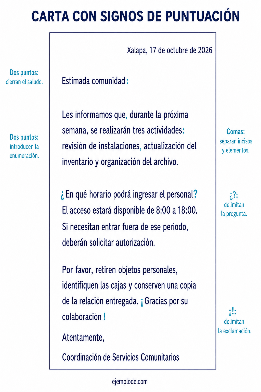 Carta completa con inciso delimitado por comas y signos de puntuación explicados