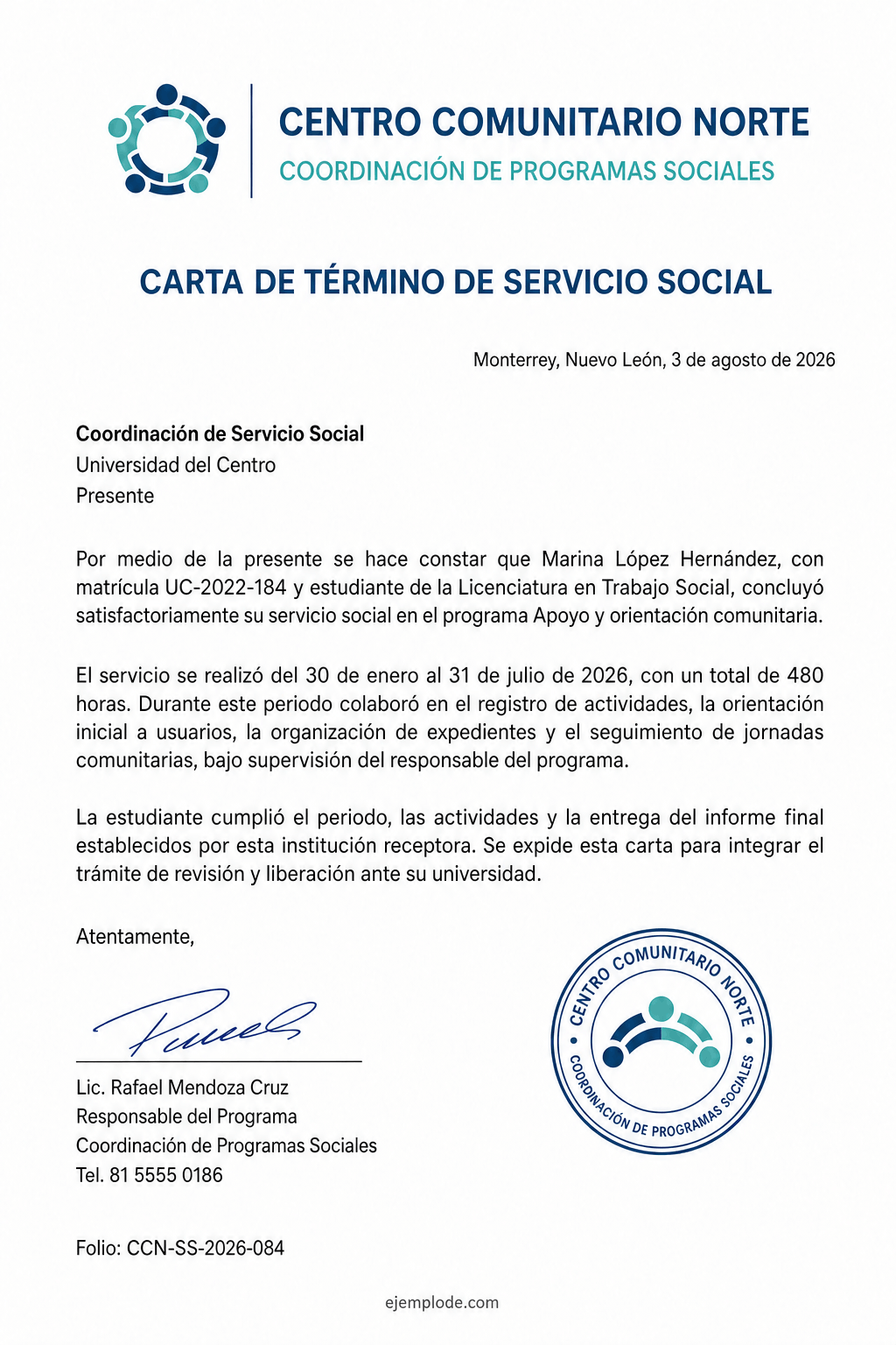 Carta de término de servicio social emitida por una institución receptora con periodo, horas, actividades, firma, sello y folio