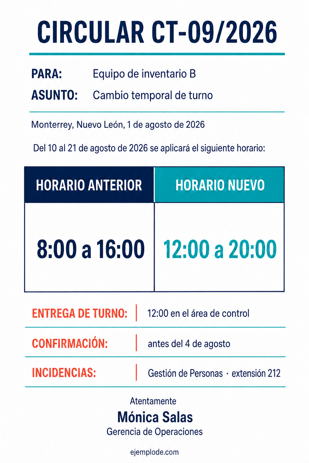 Horario anterior y nuevo, vigencia y entrega de turno dentro de la nueva jornada.