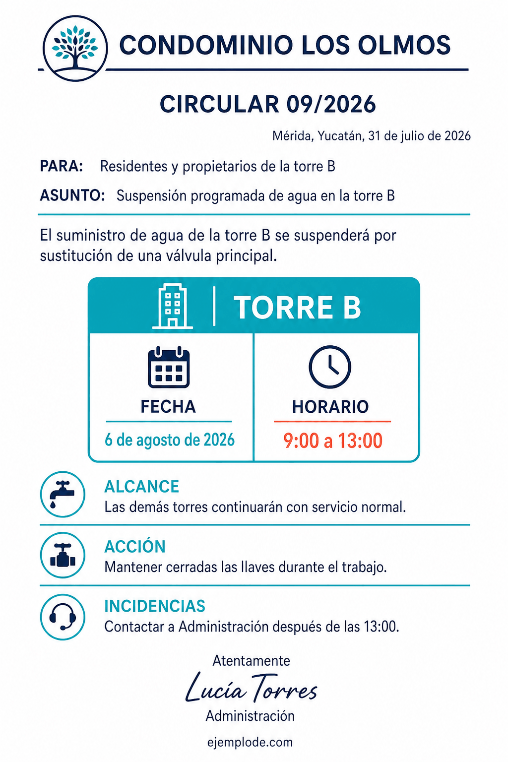Aviso de suspensión de agua limitado a una torre, con fecha, duración y precaución.