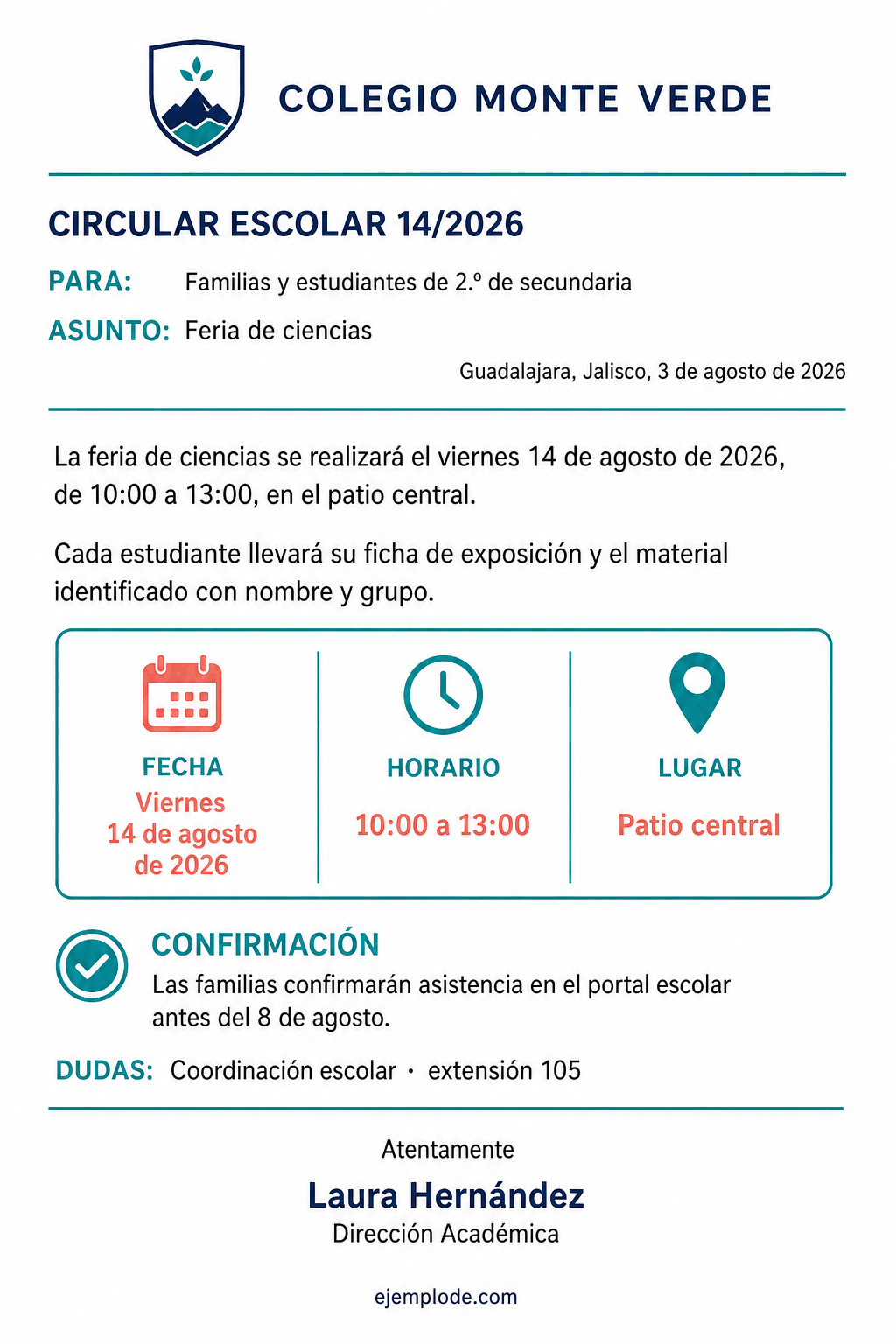 Circular escolar con actividad, materiales, confirmación y canal de dudas.
