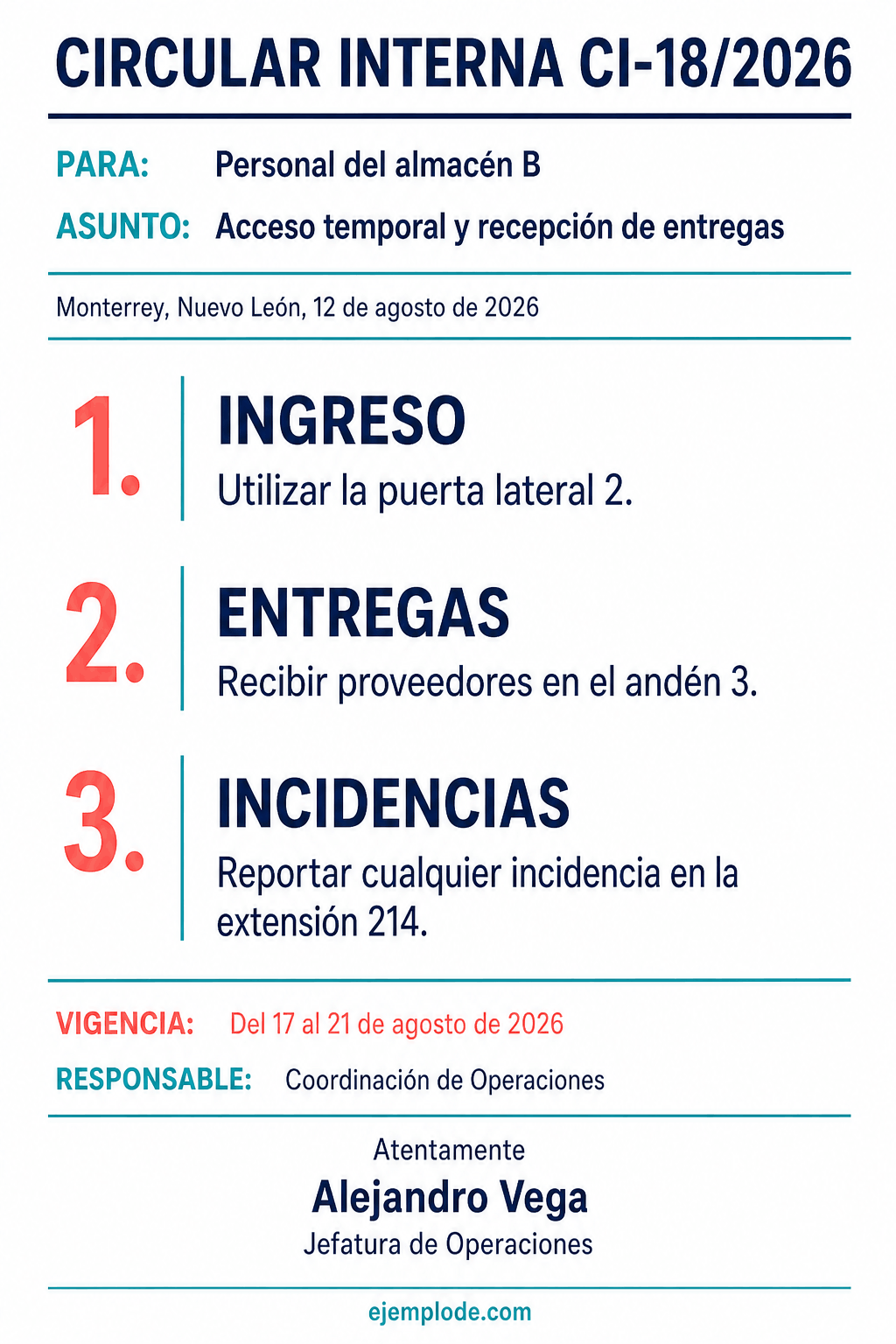 Circular interna con ruta de ingreso, entregas, incidencias y vigencia.