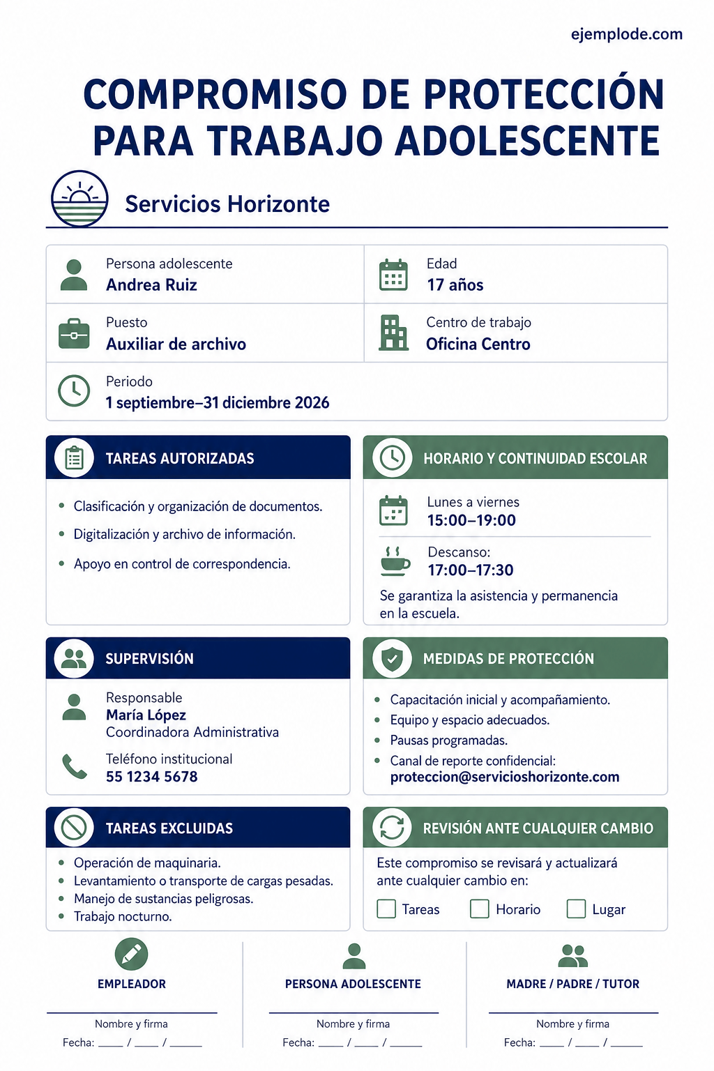 Síntesis de compromisos de protección para una trabajadora de 17 años