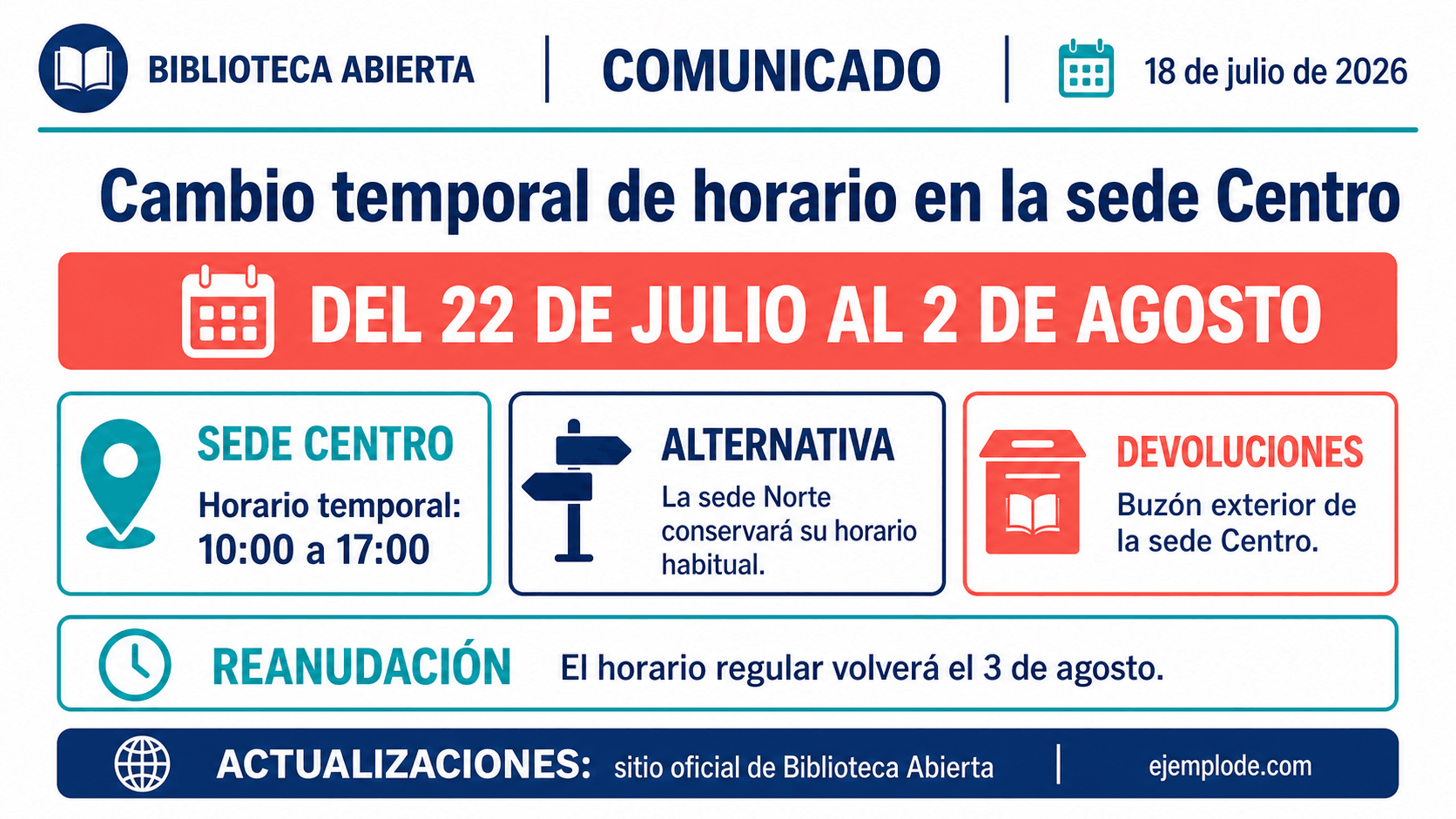 Comunicado de cambio de horario: sede afectada, alternativa, devoluciones y reanudación.