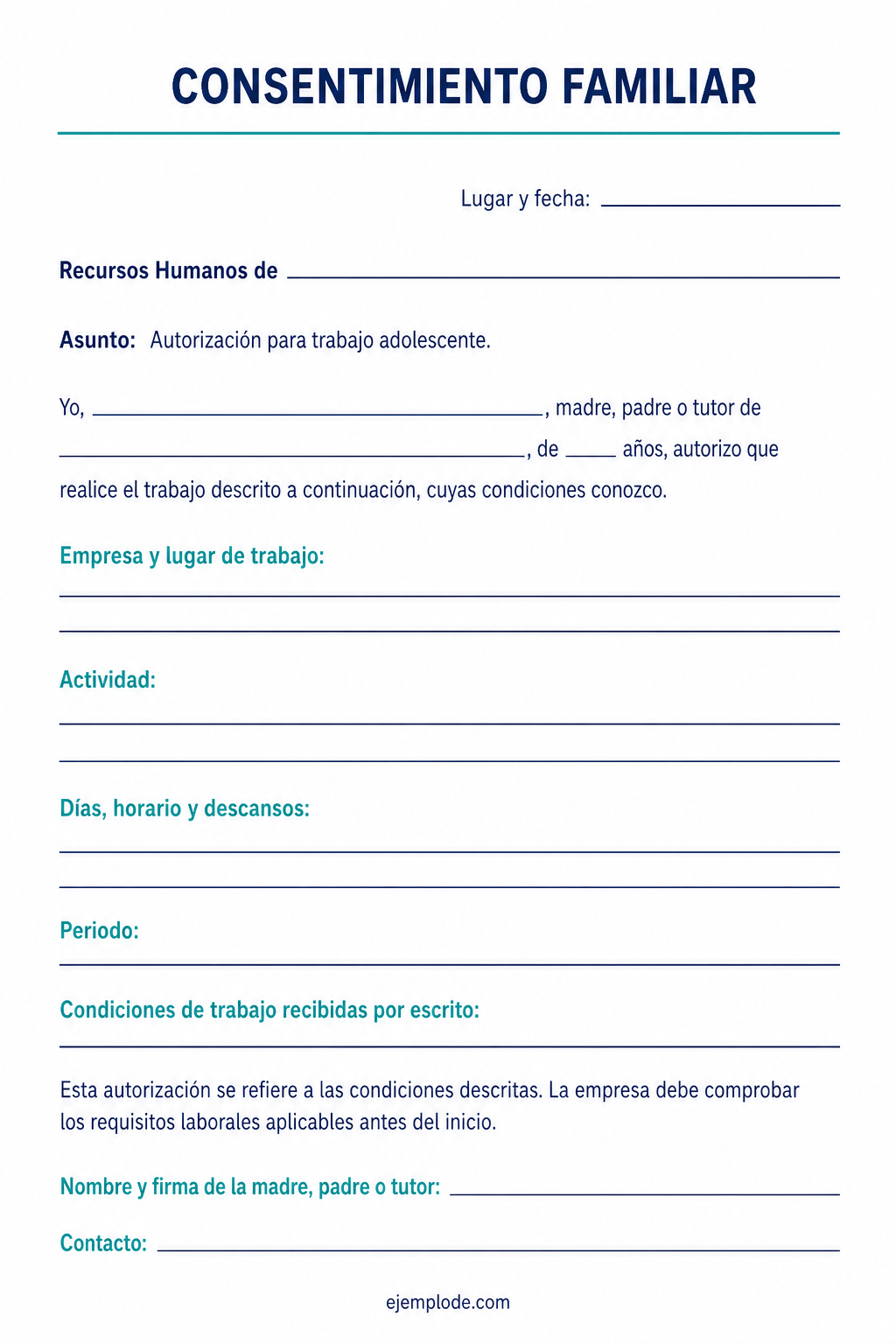 Autorización familiar vacía con espacios para actividad, jornada, condiciones y firma