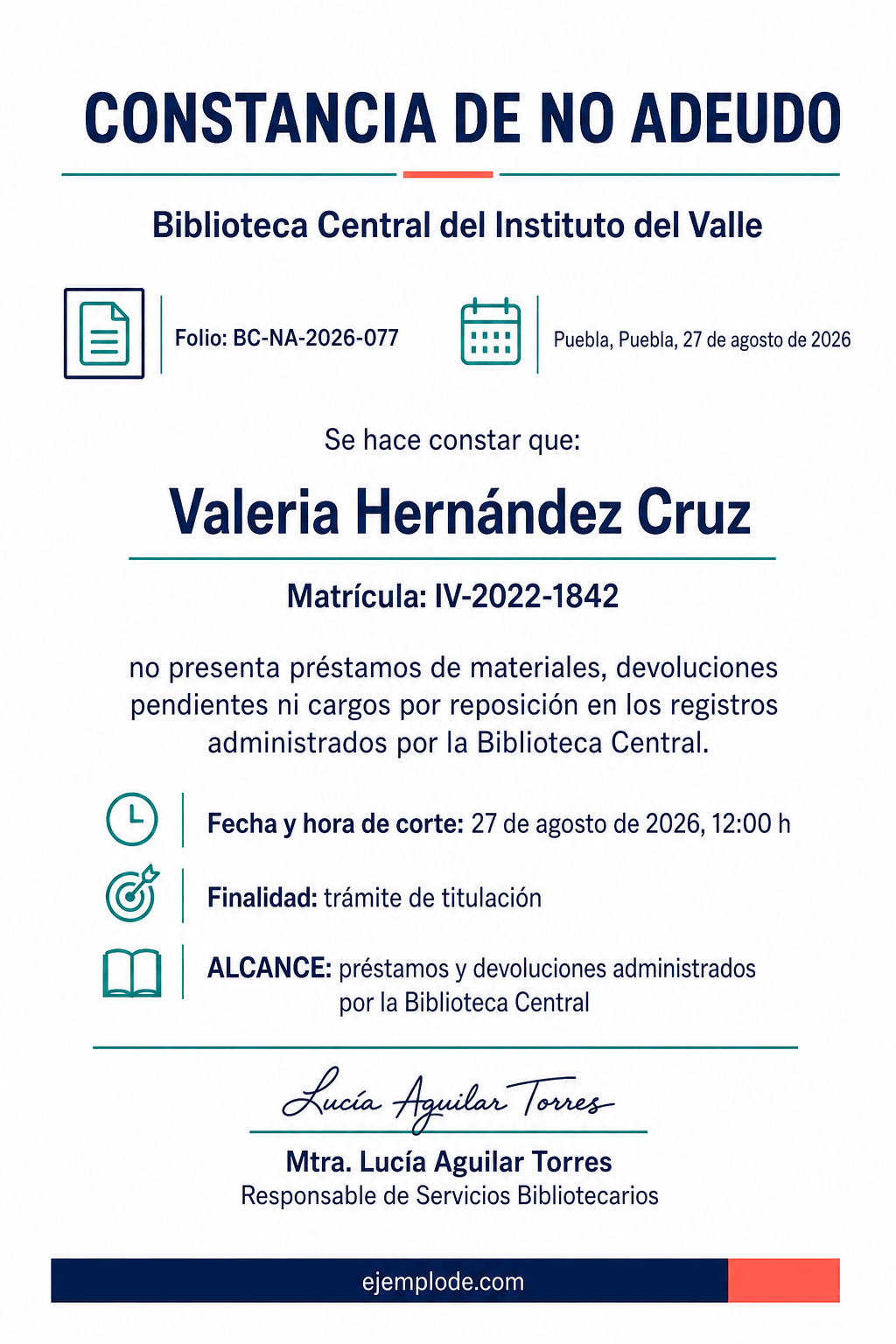 No adeudo bibliotecario delimitado por matrícula, registros consultados y fecha de corte.