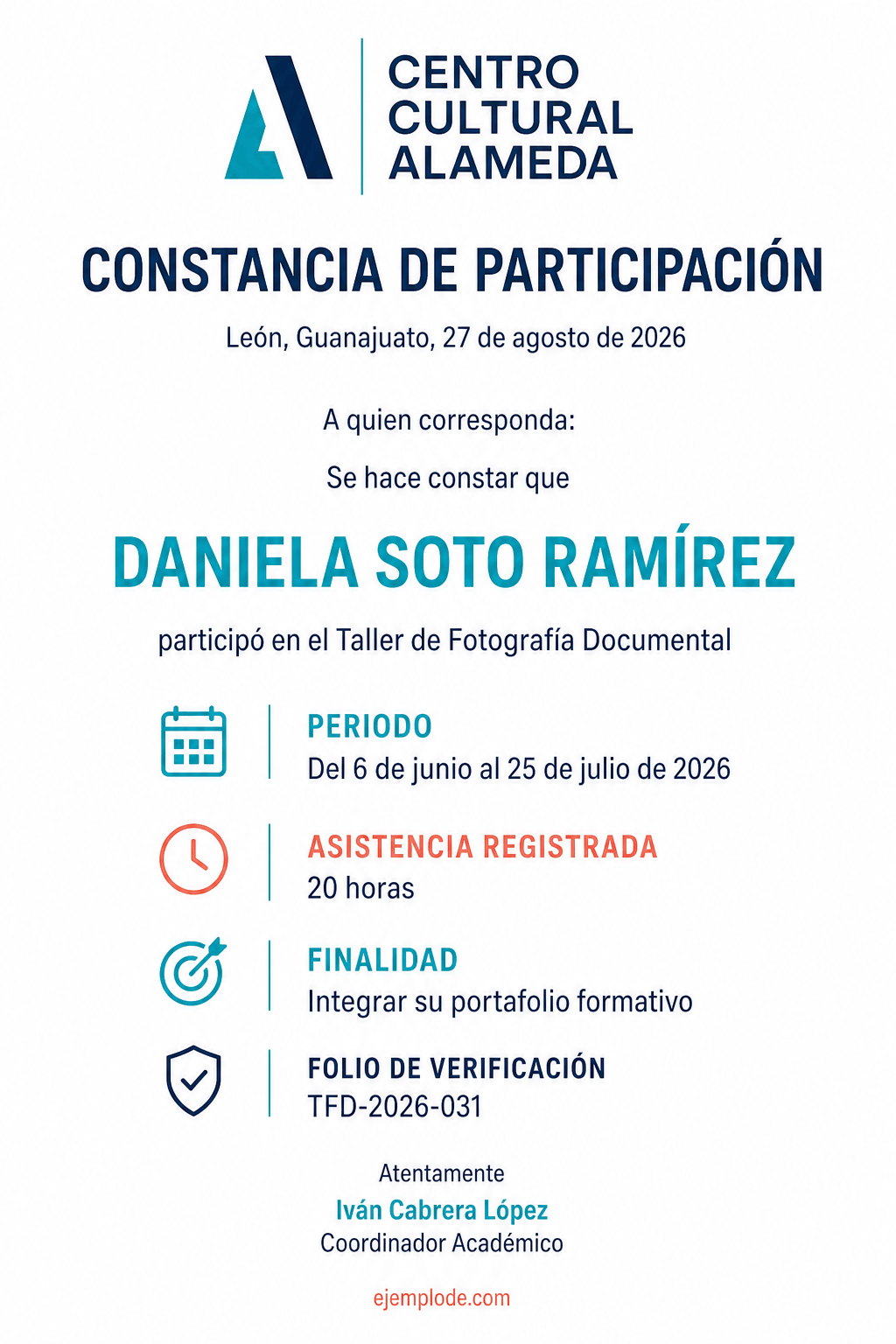 Constancia de participación: persona, actividad, periodo, asistencia registrada y emisor.