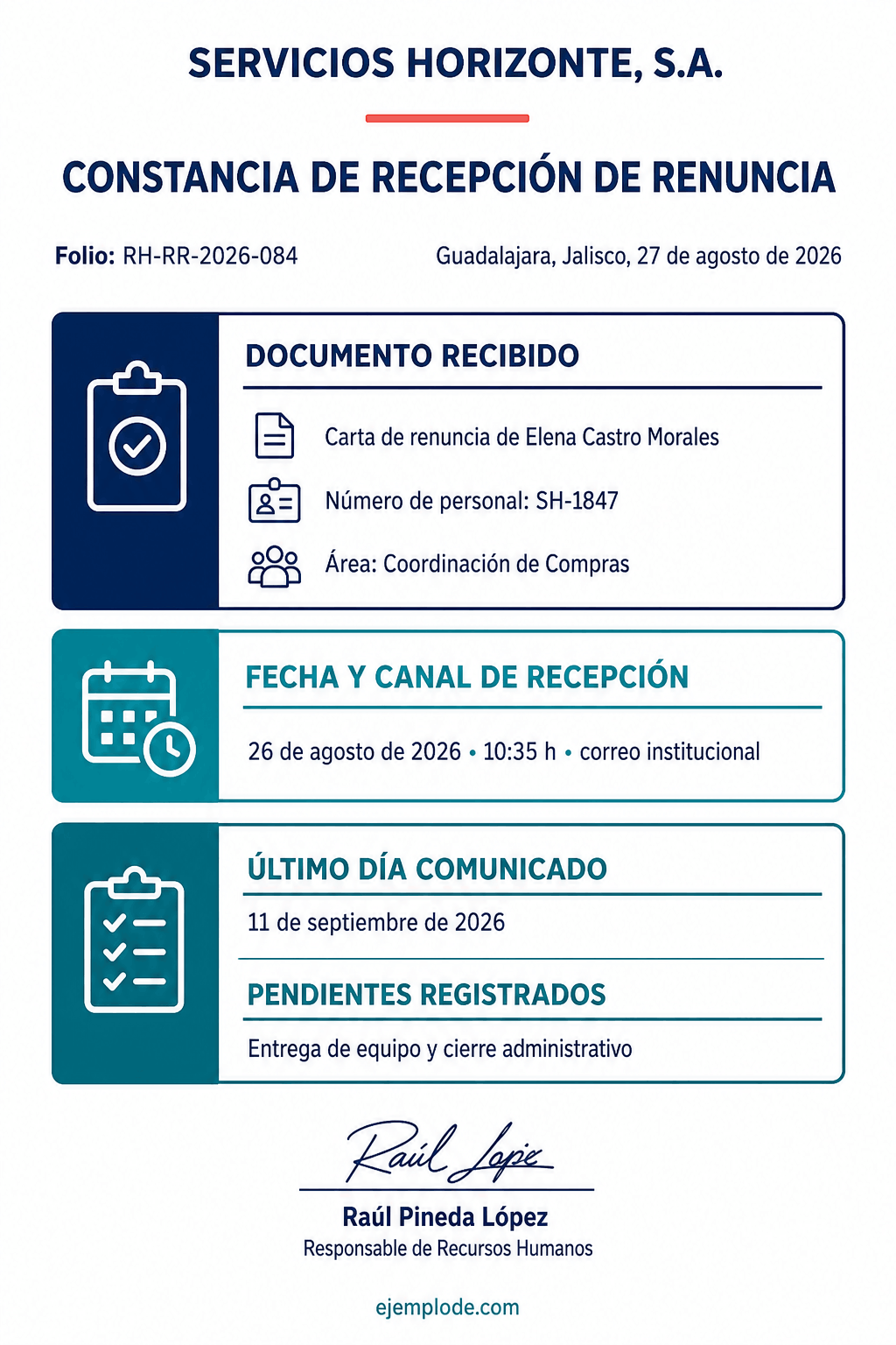 Acuse de renuncia que separa la recepción, el último día comunicado y los pendientes.