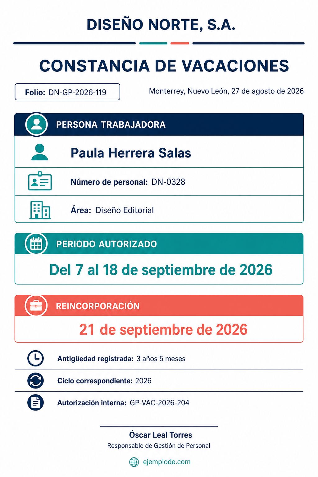 Vacaciones autorizadas: el periodo de ausencia se distingue de la fecha de reincorporación.